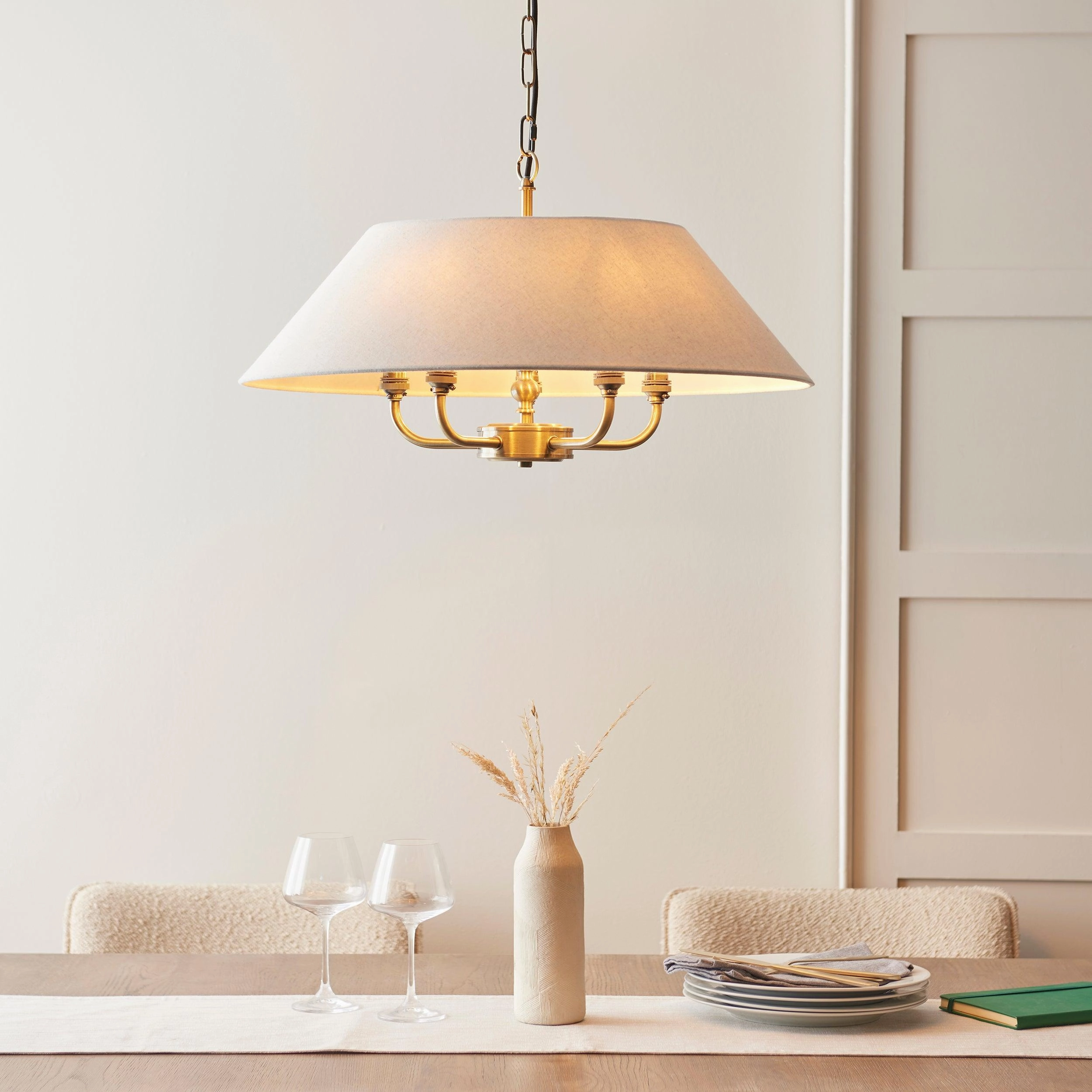Endon Lille Antique Brass 5 Light Pendant - Linen Shade sleek LED ceiling lamp