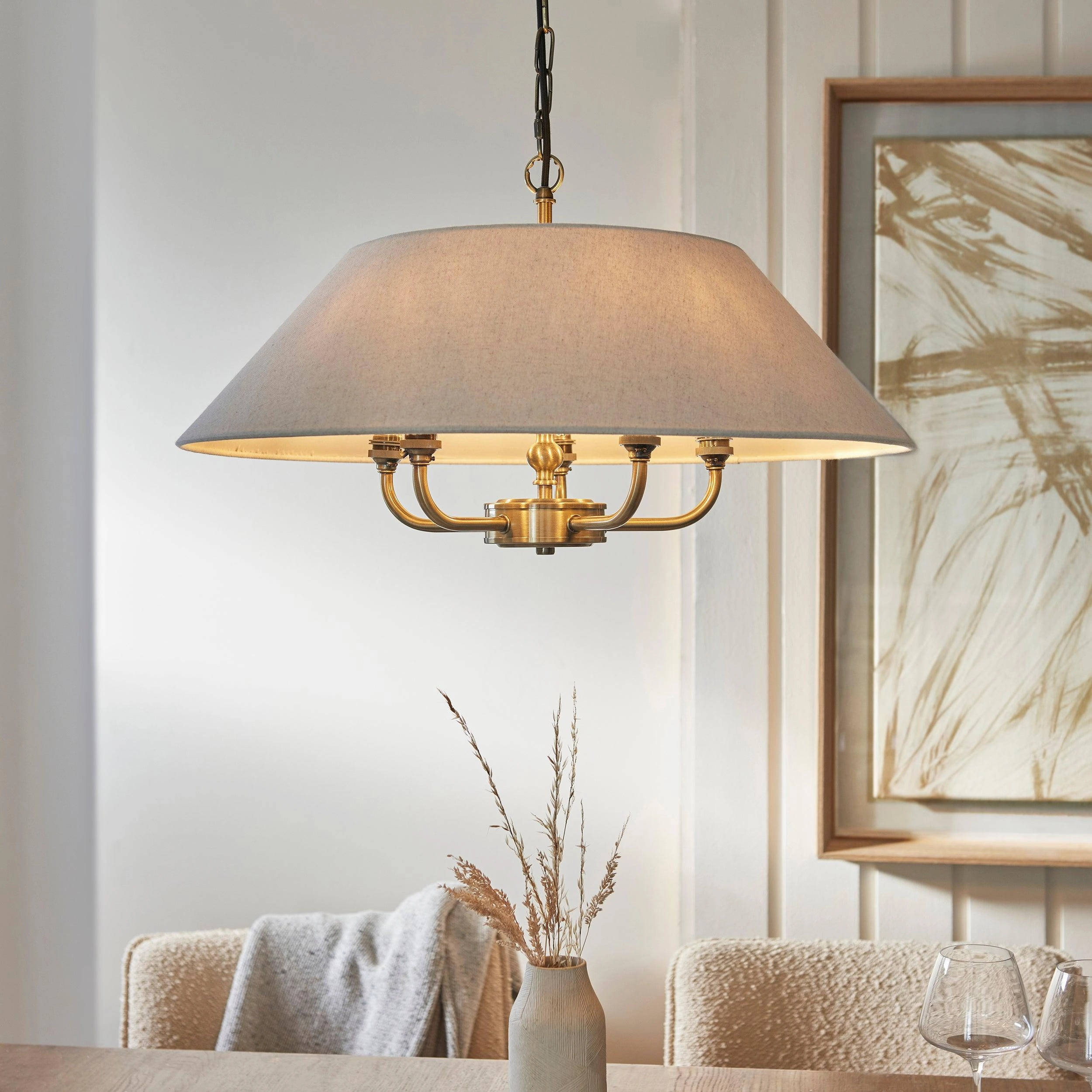 Endon Lille Antique Brass 5 Light Pendant - Linen Shade