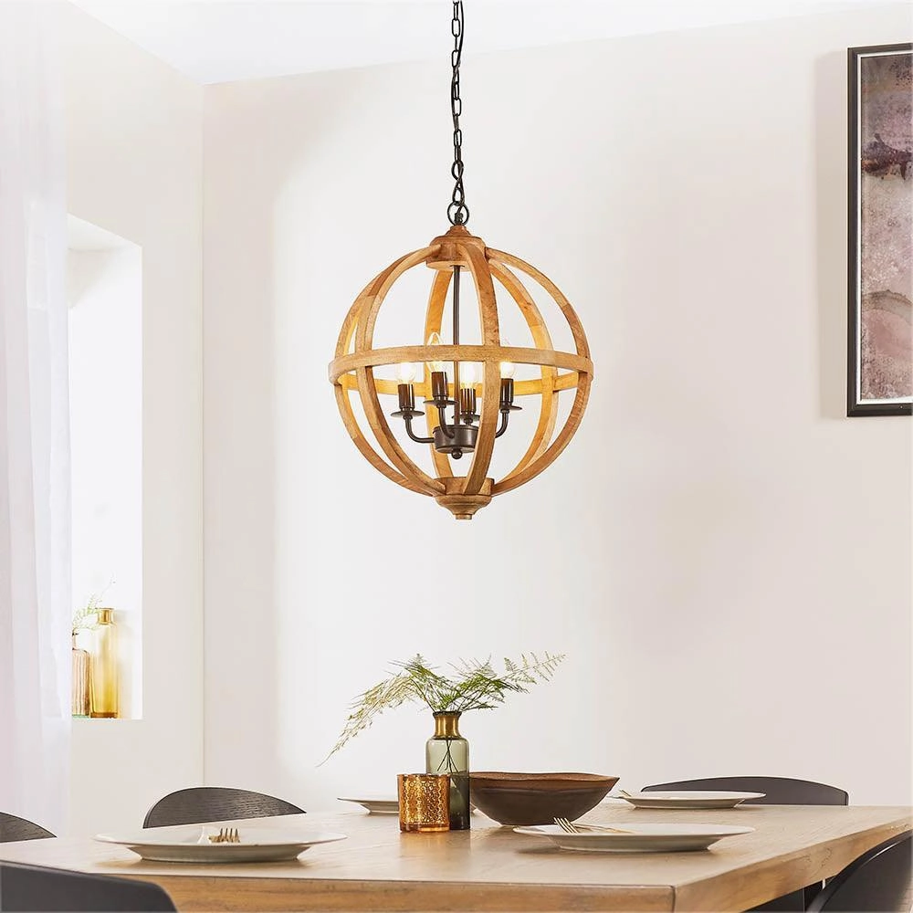 Endon Toba 4 Light Wood Ceiling Pendant Light