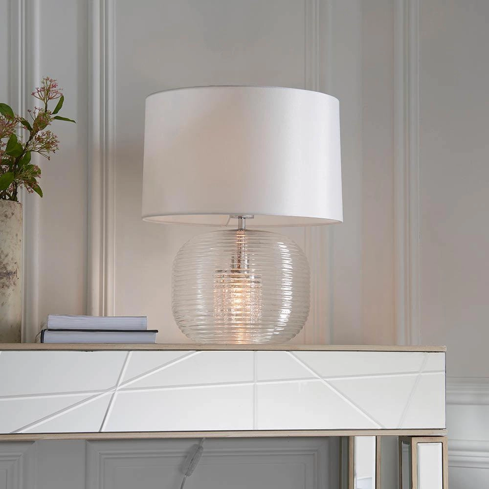 Endon Westcombe 2 Light Ribbed Glass Table Lamp - White Shade