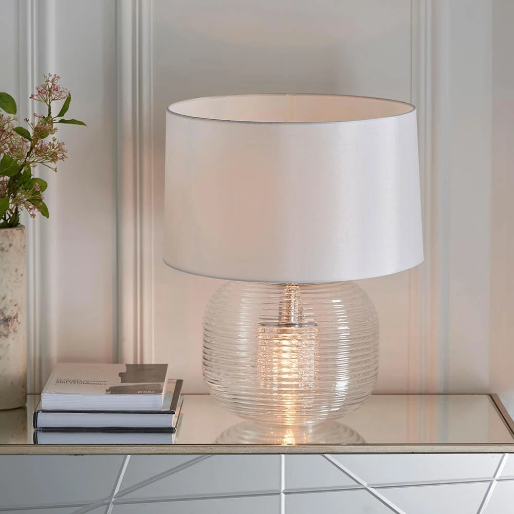 Endon Westcombe 2 Light Ribbed Glass Table Lamp - White Shade