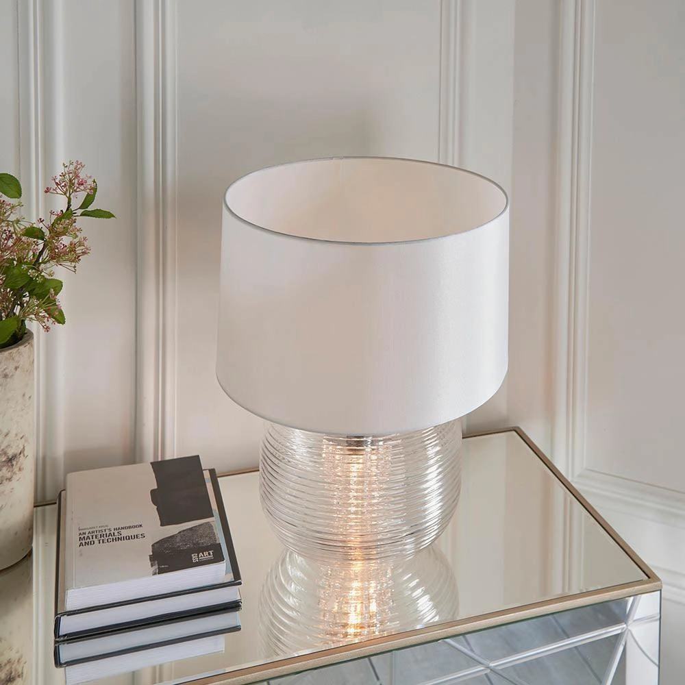 Endon Westcombe 2 Light Ribbed Glass Table Lamp - White Shade