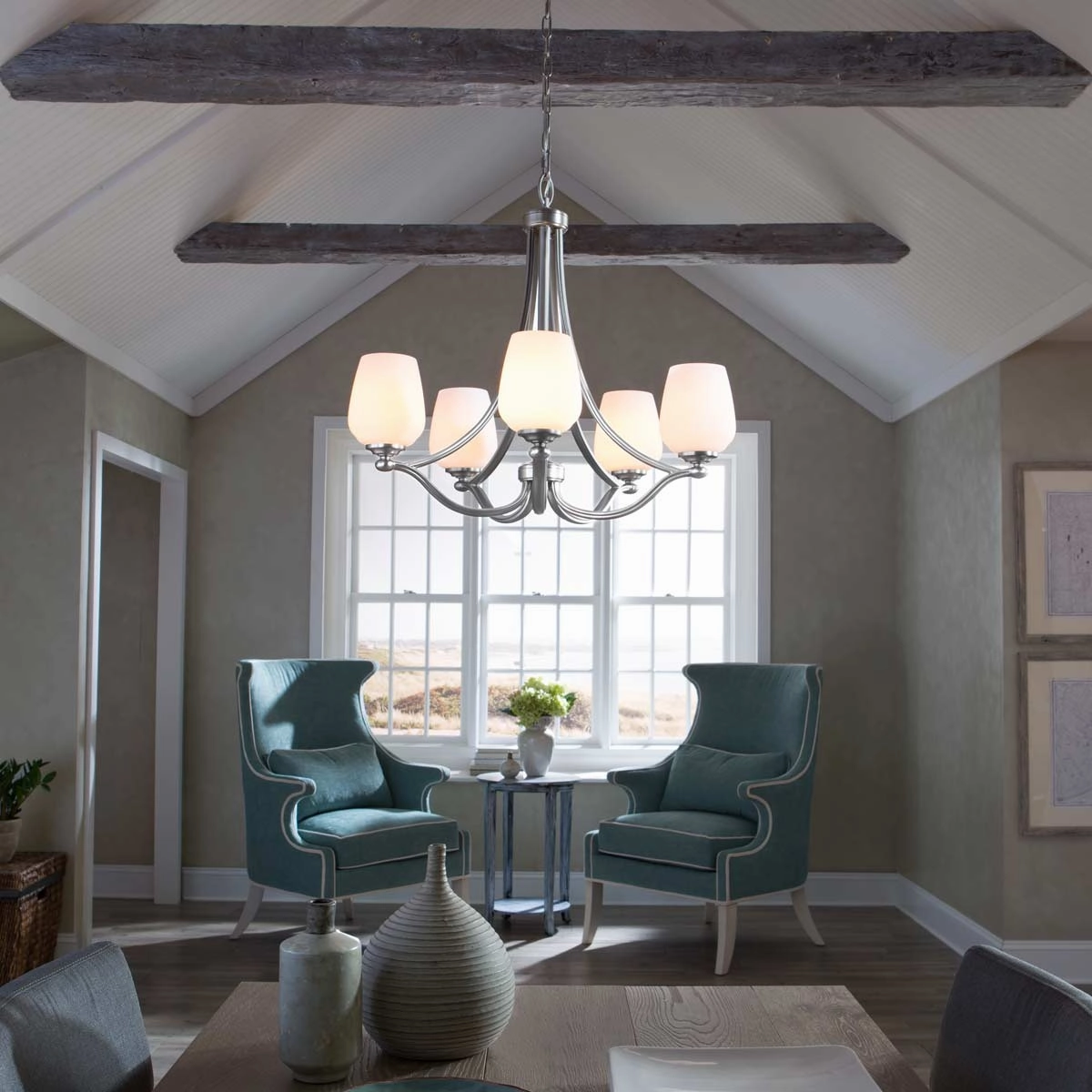 Feiss Vintner 5 Light Chandelier Ceiling Light - Satin Nickel