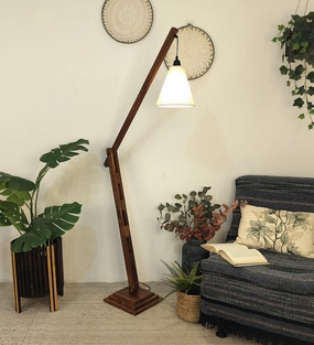 Fisher Wooden Floor Lamp with Brown Base and Jute Fabric Lampshade (BULB NOT INCLUDED) creative lampshade design