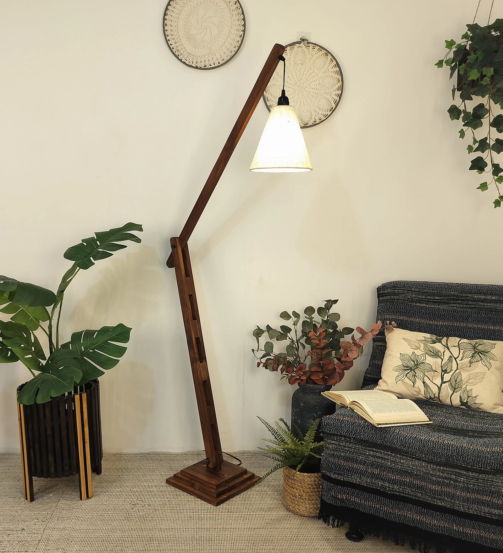 Fisher Wooden Floor Lamp with Brown Base and Jute Fabric Lampshade (BULB NOT INCLUDED) creative lampshade design