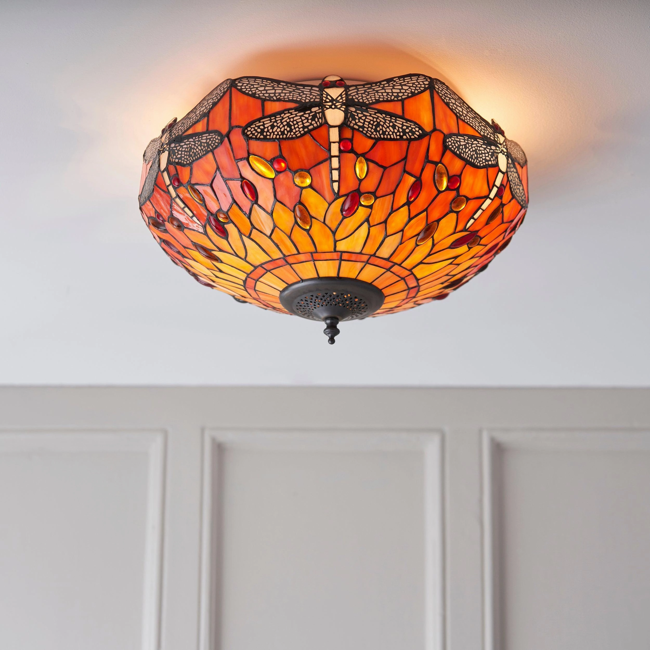 Flame Dragonfly 41cm Flush Tiffany 2 Light Ceiling Light