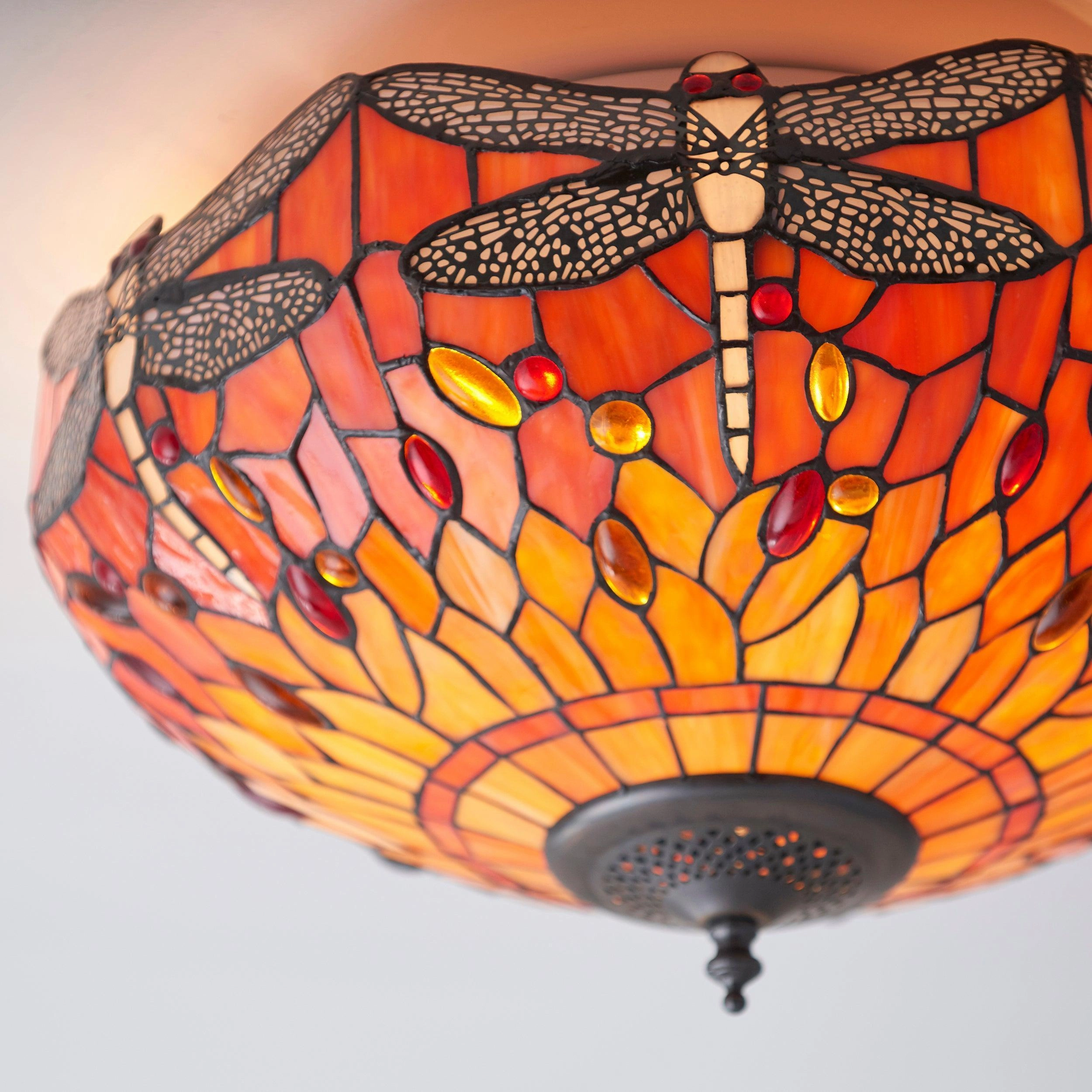 Flame Dragonfly 41cm Flush Tiffany 2 Light Ceiling Light