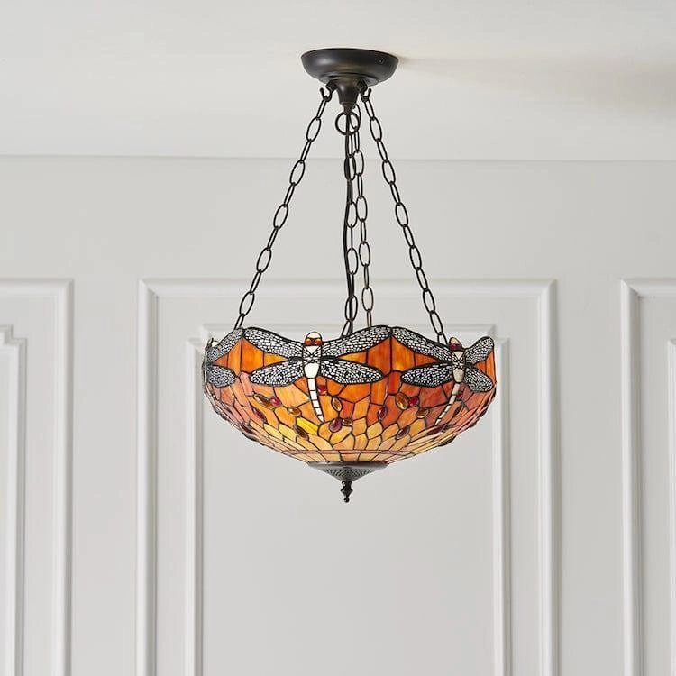 Flame Dragonfly Medium Inverted Tiffany Ceiling Light