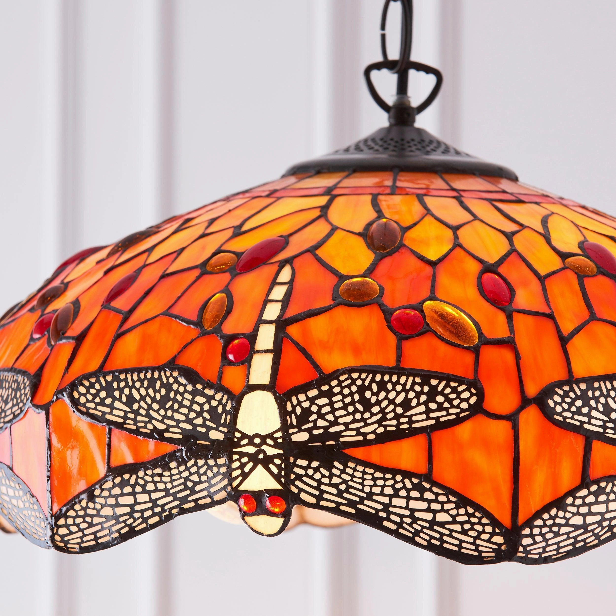 Flame Dragonfly Medium Tiffany Ceiling Light, 1 Bulb Fitting