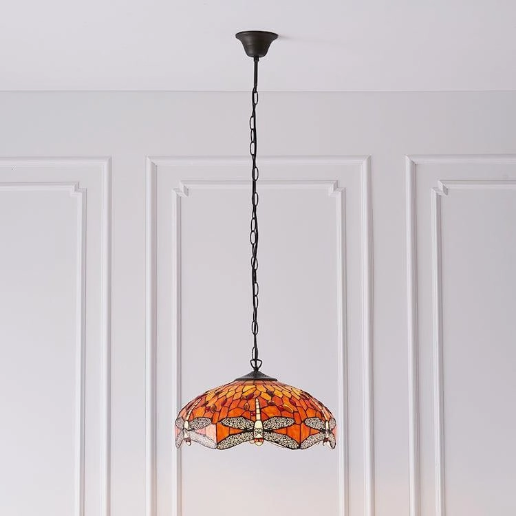Flame Dragonfly Medium Tiffany Ceiling Light - 3 Bulb Fitting