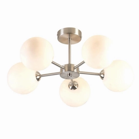 Flaxton 5 Arm Satin Nickel Semi Flush with Opal Glass Shades soft glow ceiling light