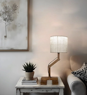 Flex Brown Wooden Table Lamp with Yellow Printed Fabric Lampshade  (BULB NOT INCLUDED) decorative ceiling fixture