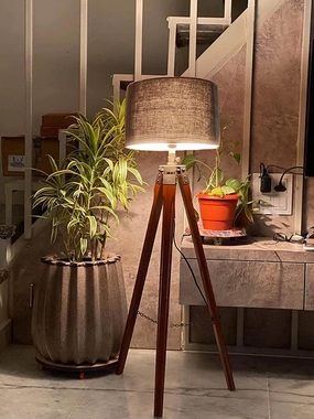 Floor Lamp for Living Room, Bed Room with Wooden Crafter Stand, Modern Decorative Lamp in Black Shade Brown Stand (Bulb Included) creative lampshade design