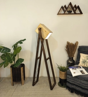 Focal Wooden Floor Lamp with Brown Base and Beige Wooden Lampshade (BULB NOT INCLUDED) creative lampshade design