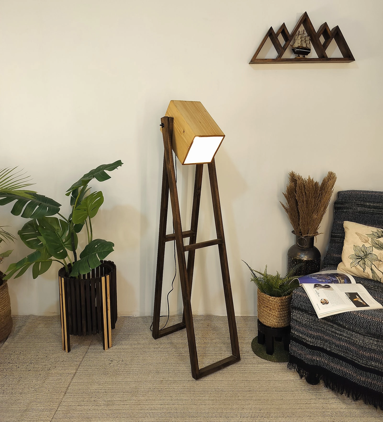 Focal Wooden Floor Lamp with Brown Base and Beige Wooden Lampshade (BULB NOT INCLUDED)