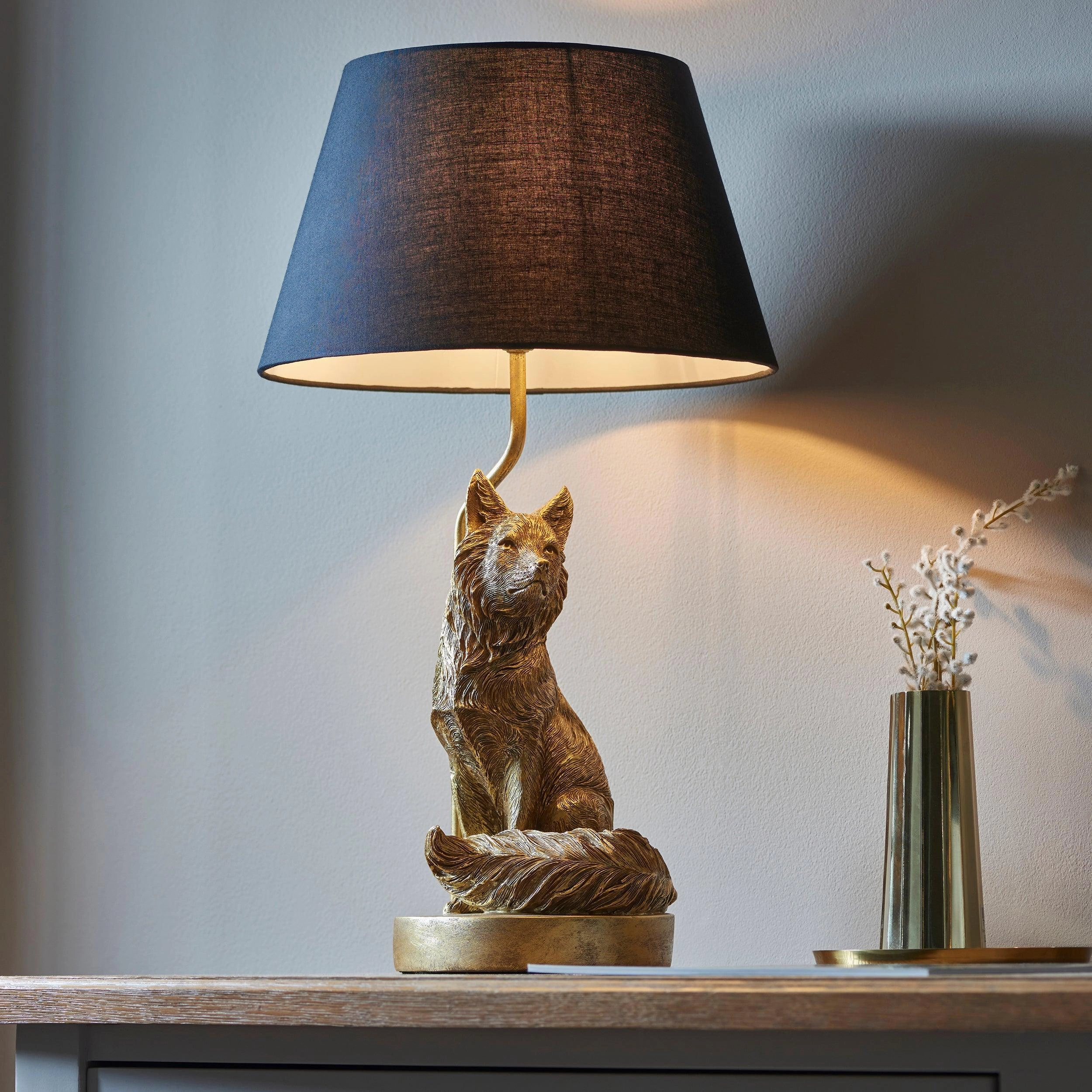 Fox Figurine Gold Table Lamp - Black Shade