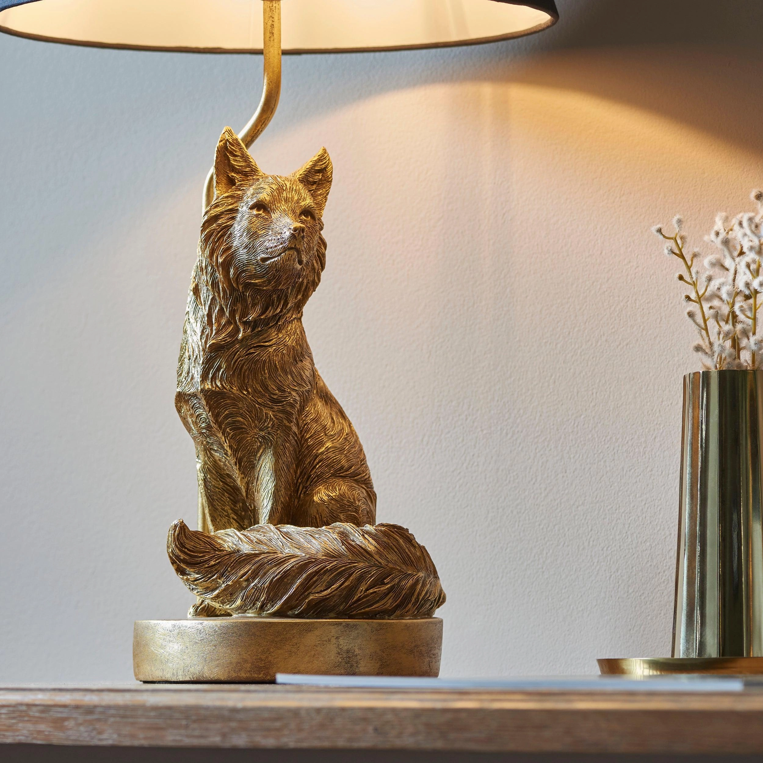 Fox Figurine Gold Table Lamp - Black Shade