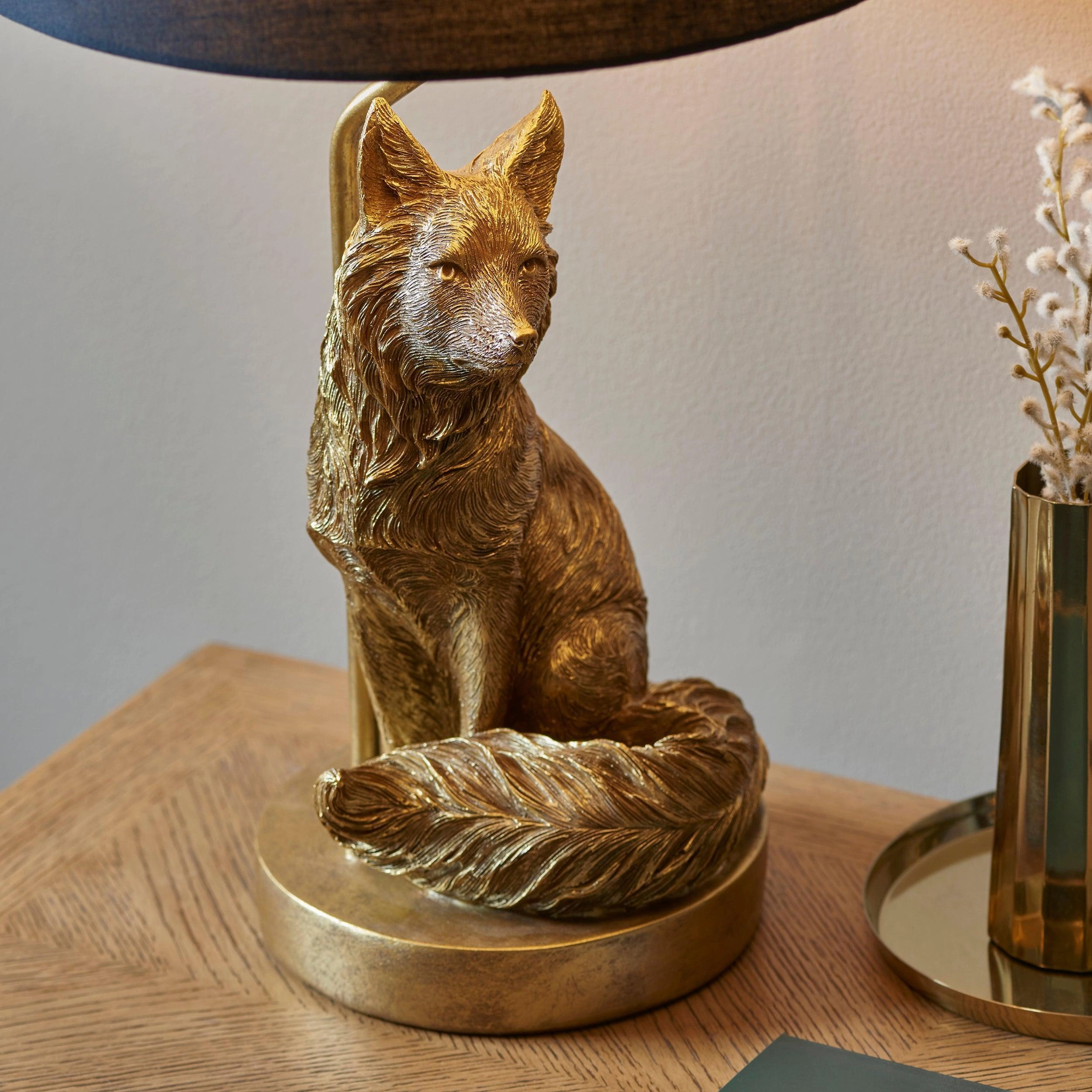 Fox Figurine Gold Table Lamp - Black Shade