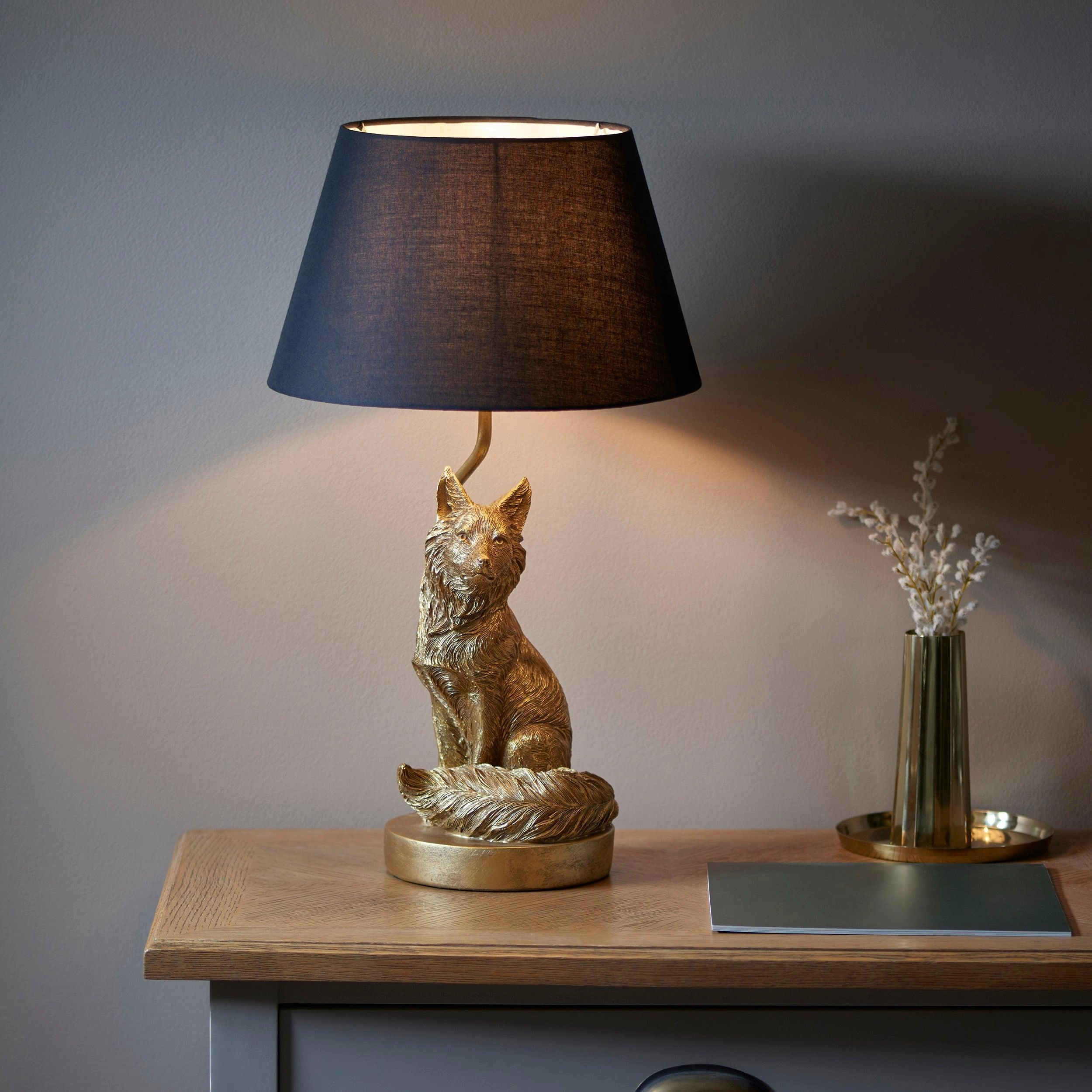 Fox Figurine Gold Table Lamp - Black Shade