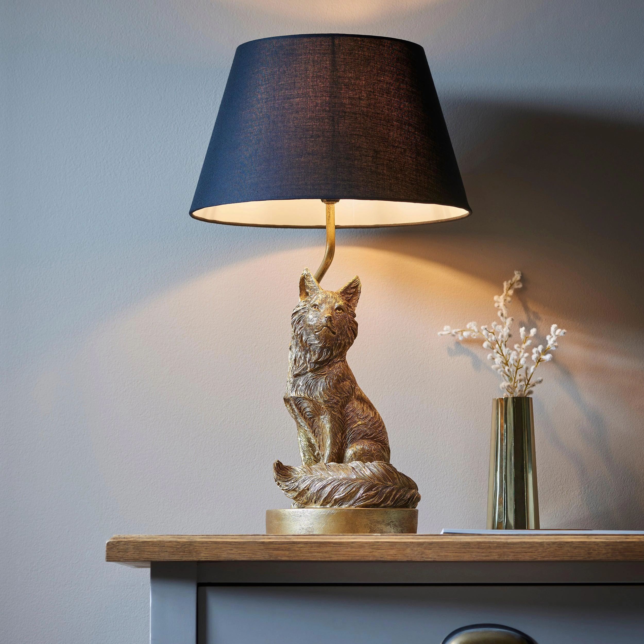 Fox Figurine Gold Table Lamp - Black Shade