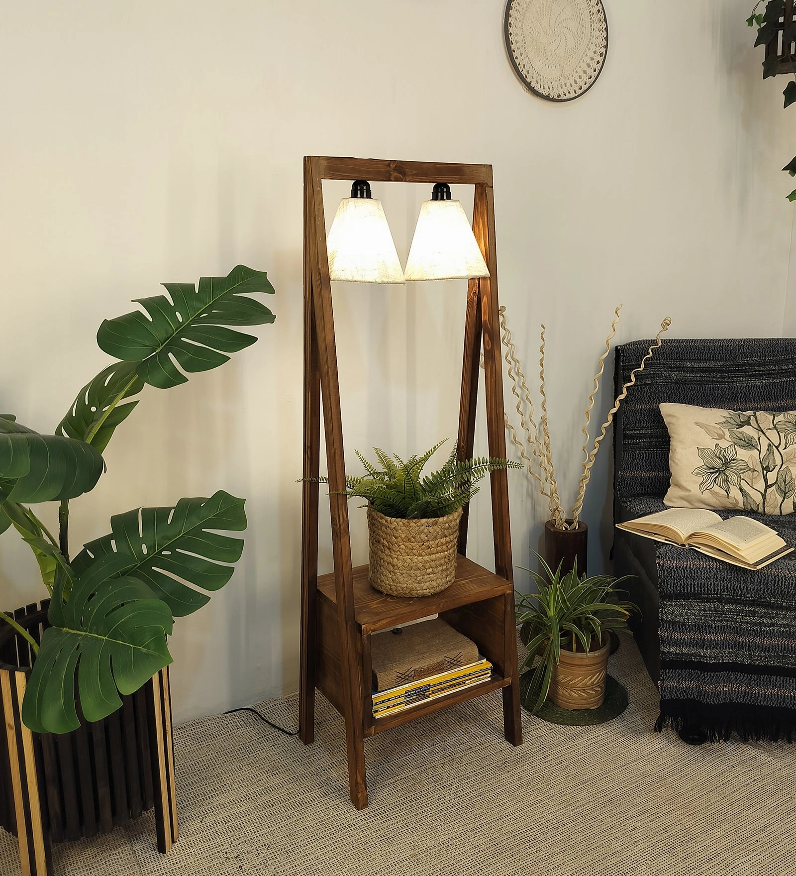 Francis Wooden Floor Lamp with Brown Base and Jute Fabric Lampshade (BULB NOT INCLUDED)