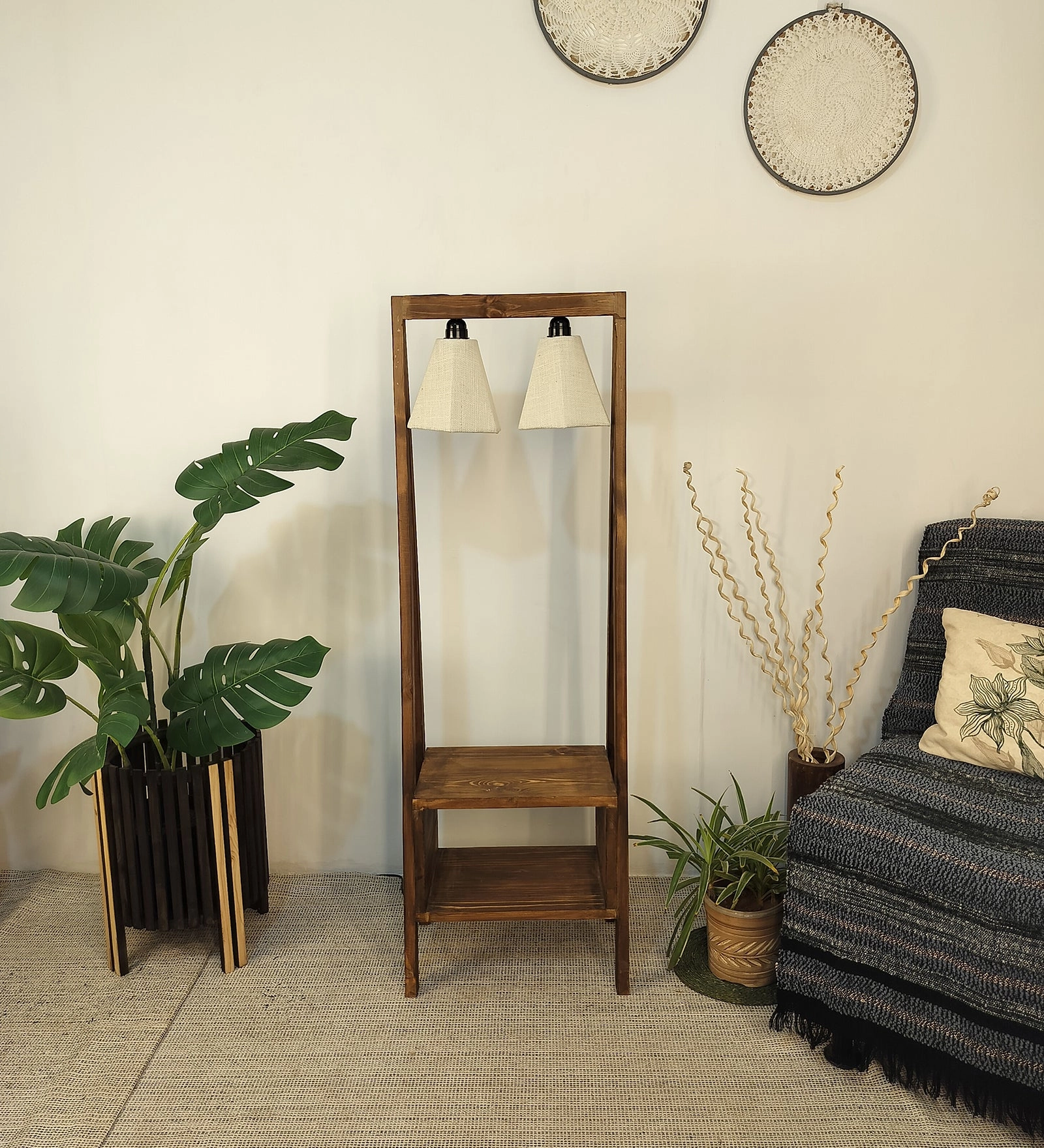Francis Wooden Floor Lamp with Brown Base and Jute Fabric Lampshade (BULB NOT INCLUDED) creative lampshade design