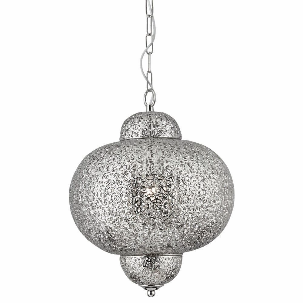 Fretwork 1 Light Moroccan Inspired Shiny Nickel Pendant ambient ceiling fixture