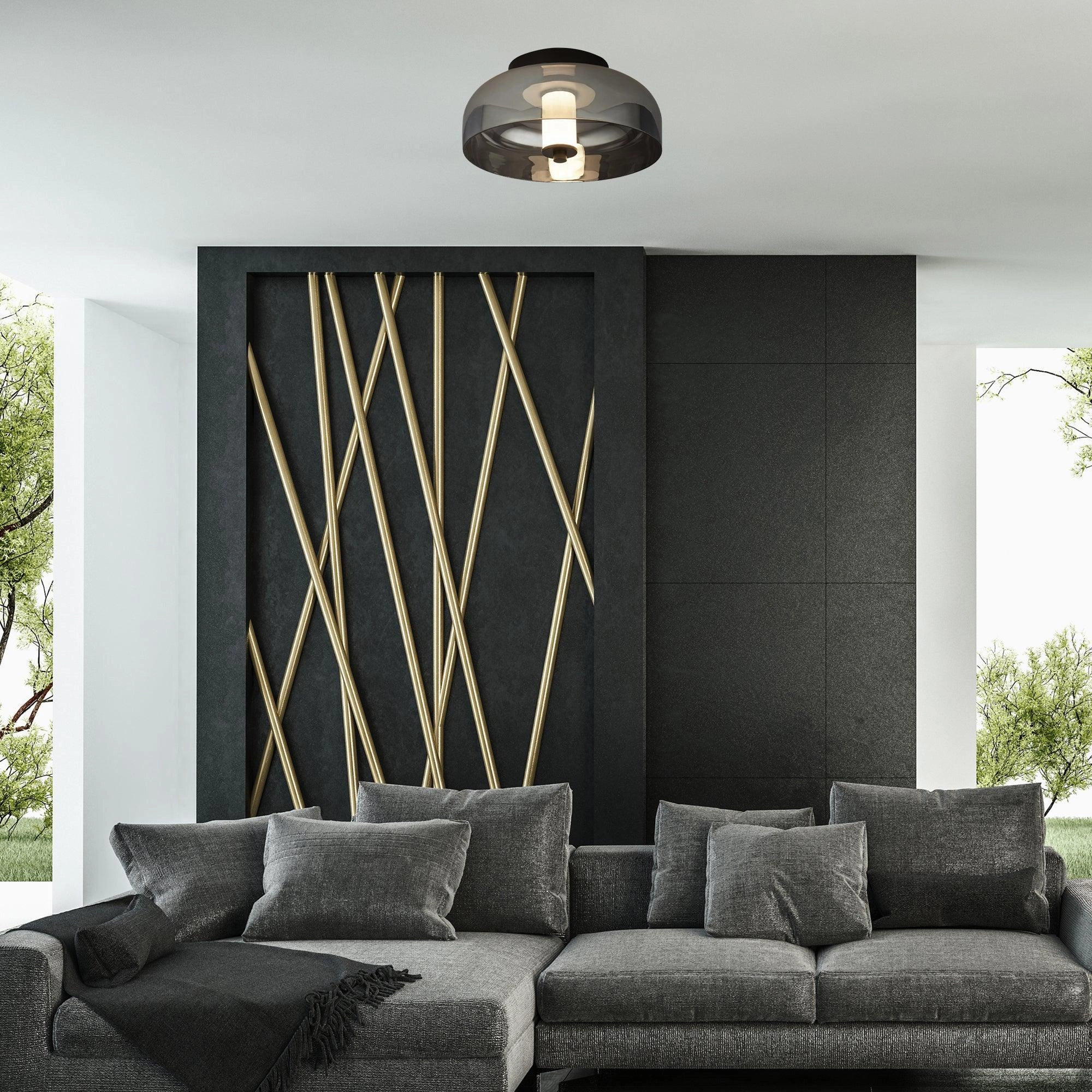 Frisbee 1 Light Black LED Ceiling Flush - Smoked Glass Shade