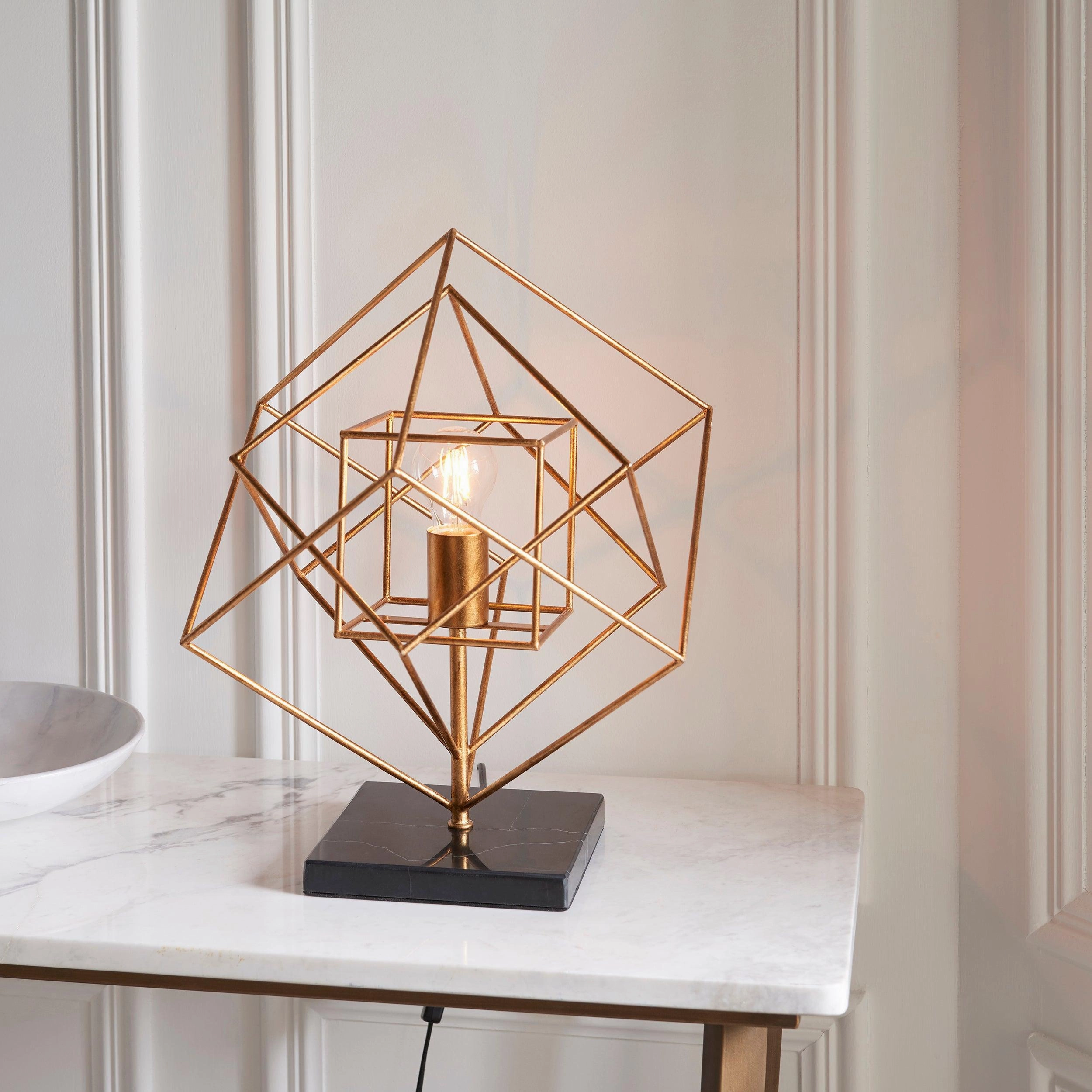 Geometric Gold Leaf Table Lamp - Black Marble Base
