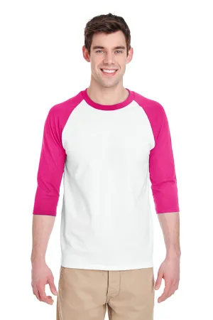 Gildan Mens 3/4 Sleeve Crewneck T-Shirt - White/Heliconia Pink  Affordable Clothing Gildan