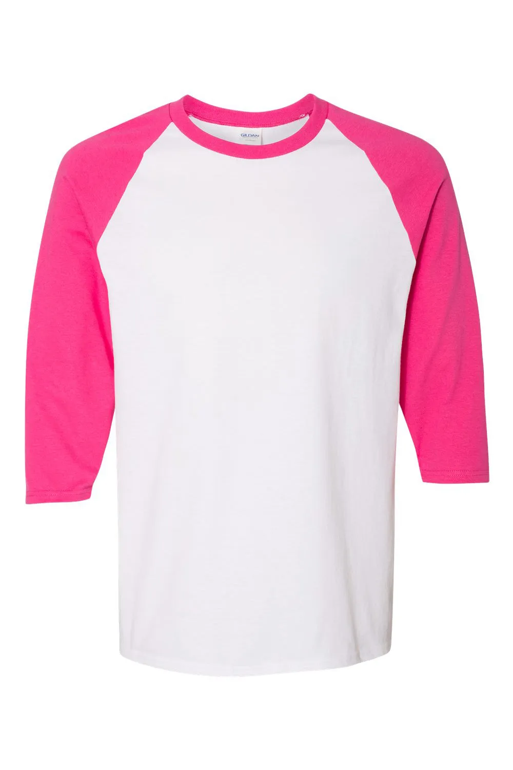 Gildan Mens 3/4 Sleeve Crewneck T-Shirt - White/Heliconia Pink  Affordable Clothing Gildan