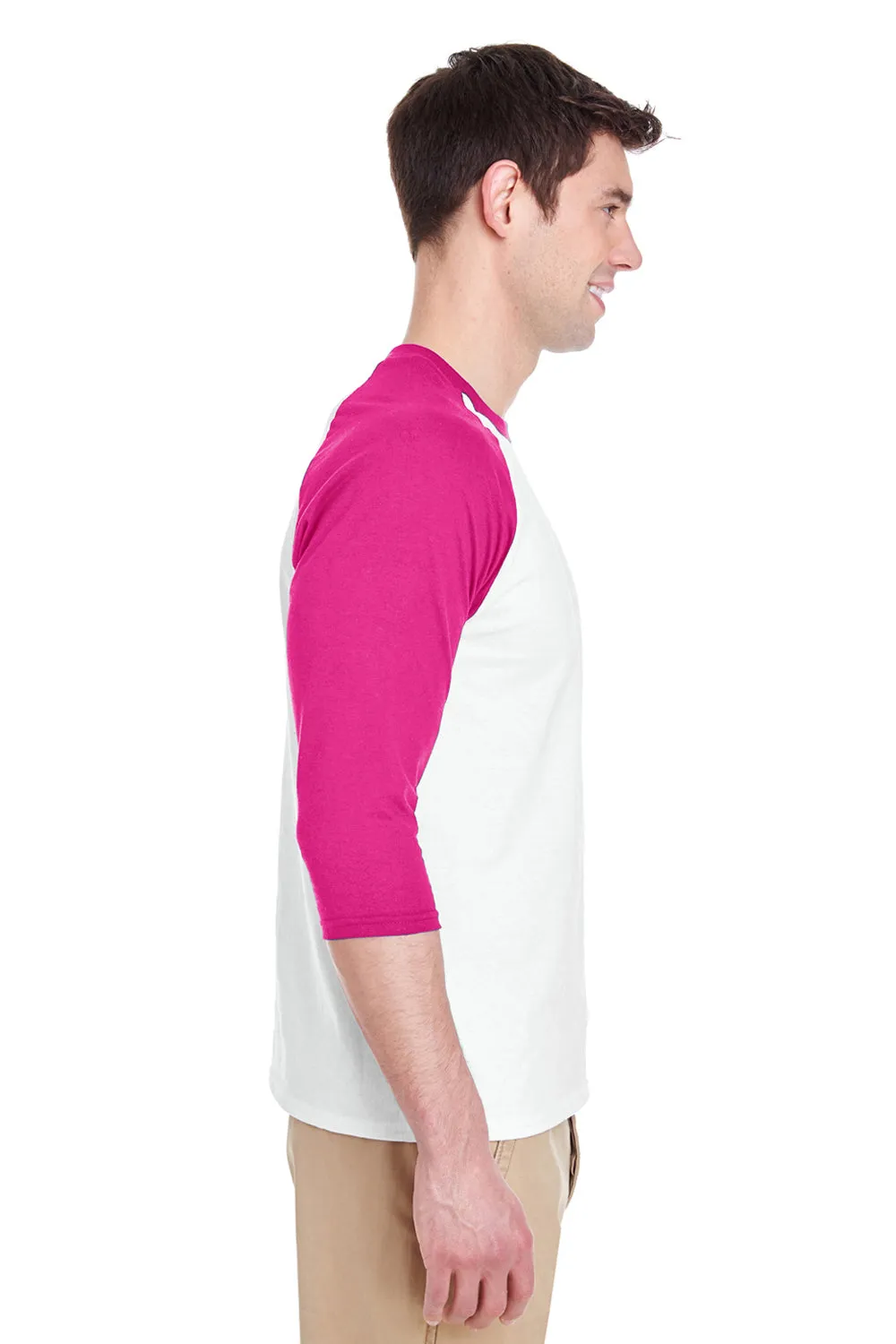 Gildan Mens 3/4 Sleeve Crewneck T-Shirt - White/Heliconia Pink  Affordable Clothing Gildan