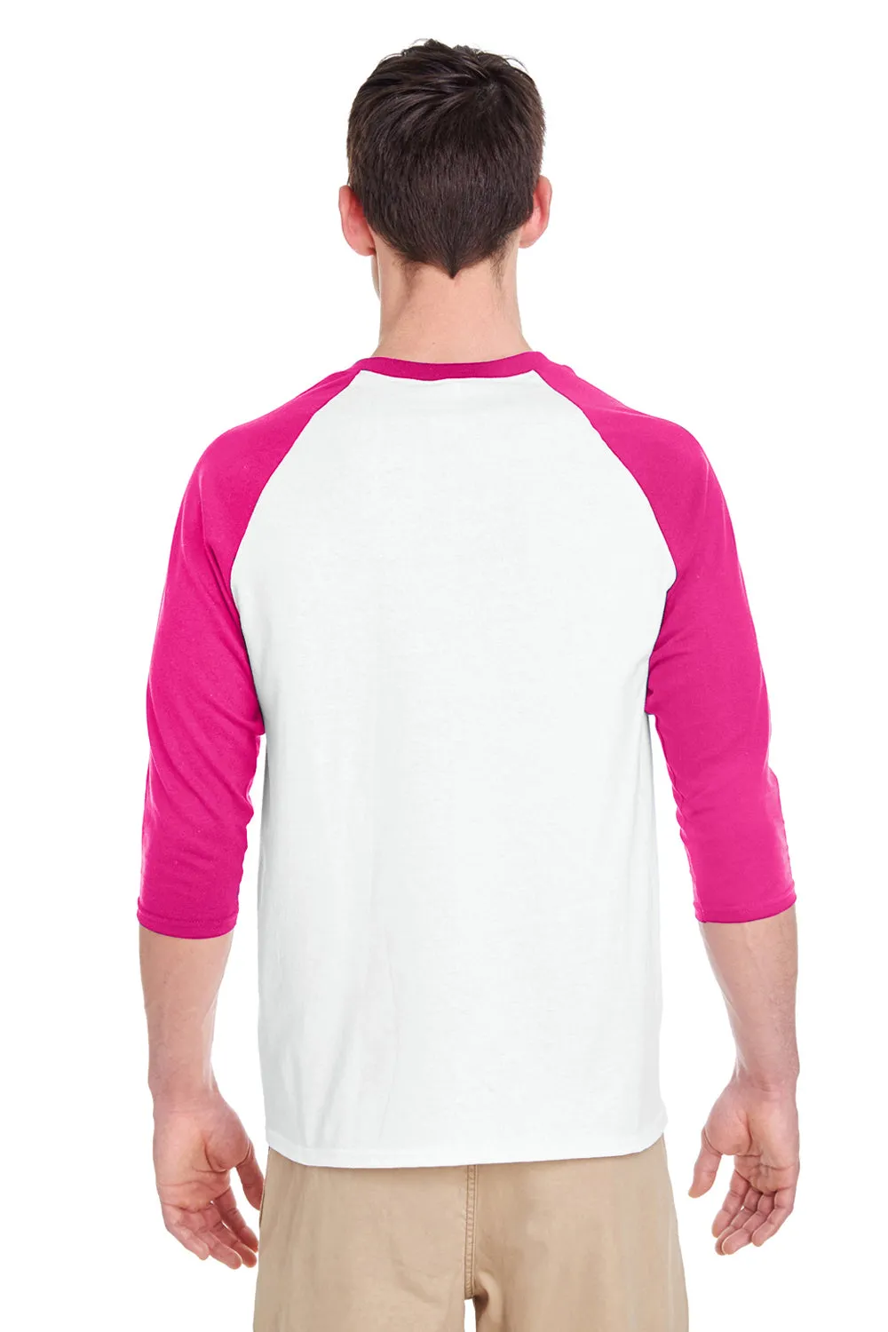 Gildan Mens 3/4 Sleeve Crewneck T-Shirt - White/Heliconia Pink  Affordable Clothing Gildan