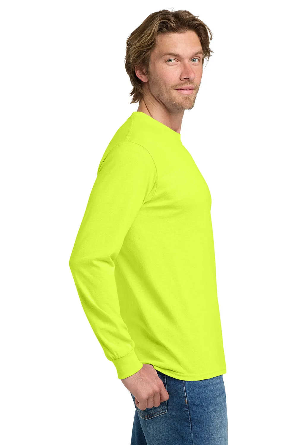 Gildan Mens Long Sleeve Crewneck T-Shirt - Safety Green  Affordable Clothing Gildan
