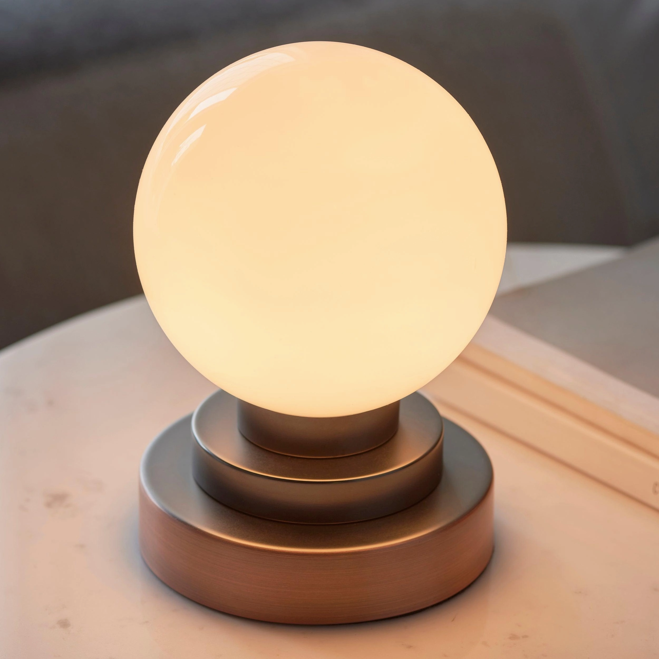Globe Copper Art Deco Touch Table Lamp - Opal Glass Shade