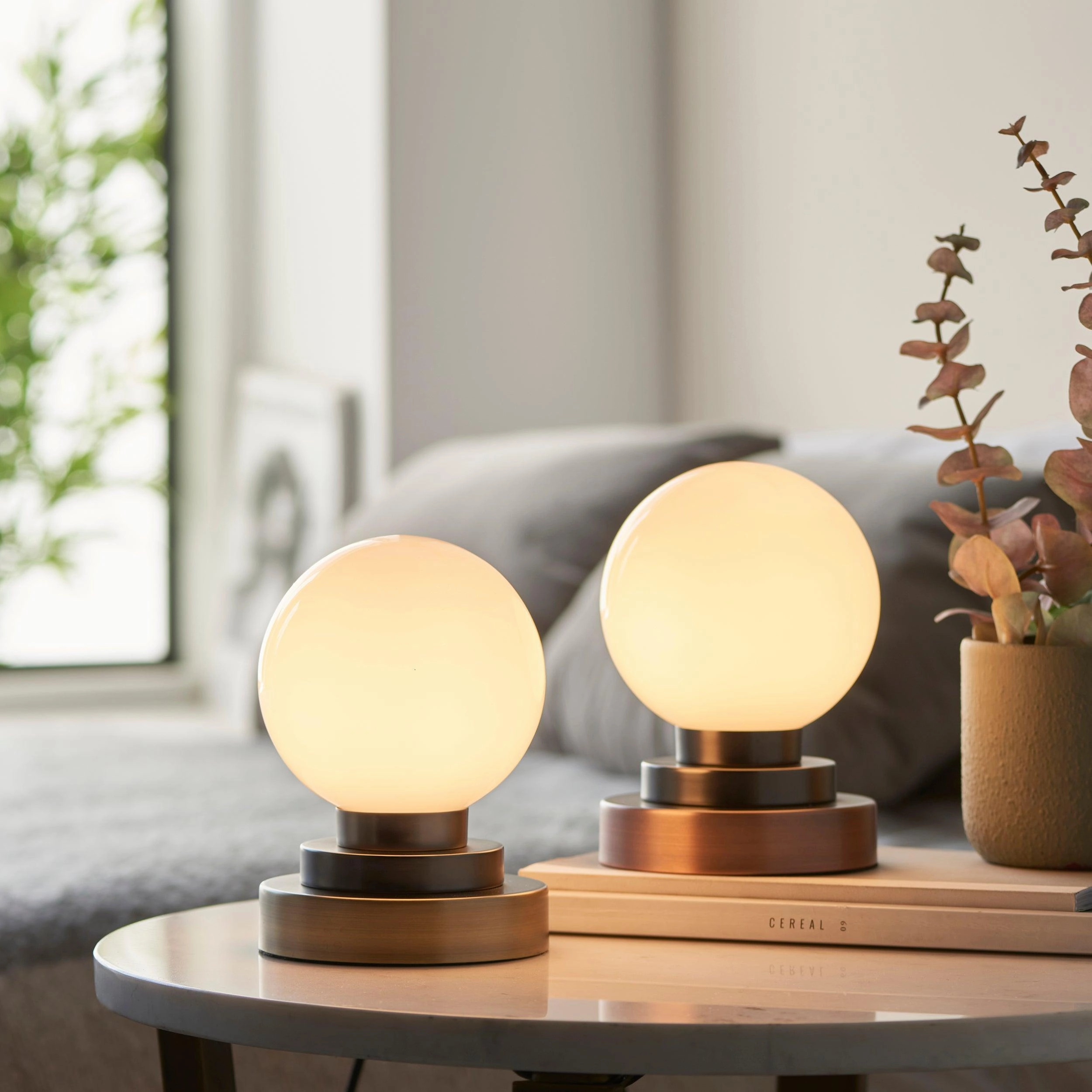 Globe Copper Art Deco Touch Table Lamp - Opal Glass Shade