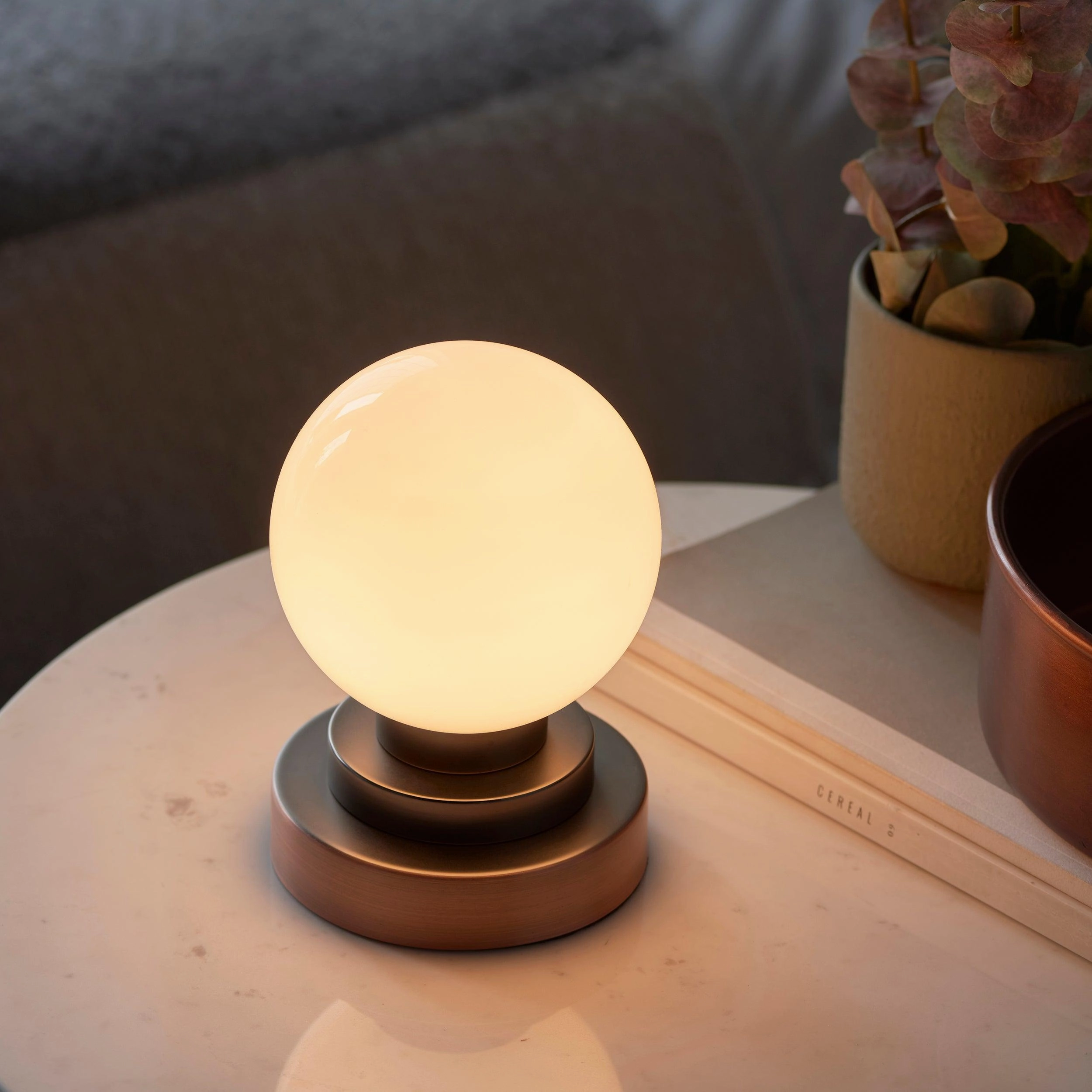 Globe Copper Art Deco Touch Table Lamp - Opal Glass Shade