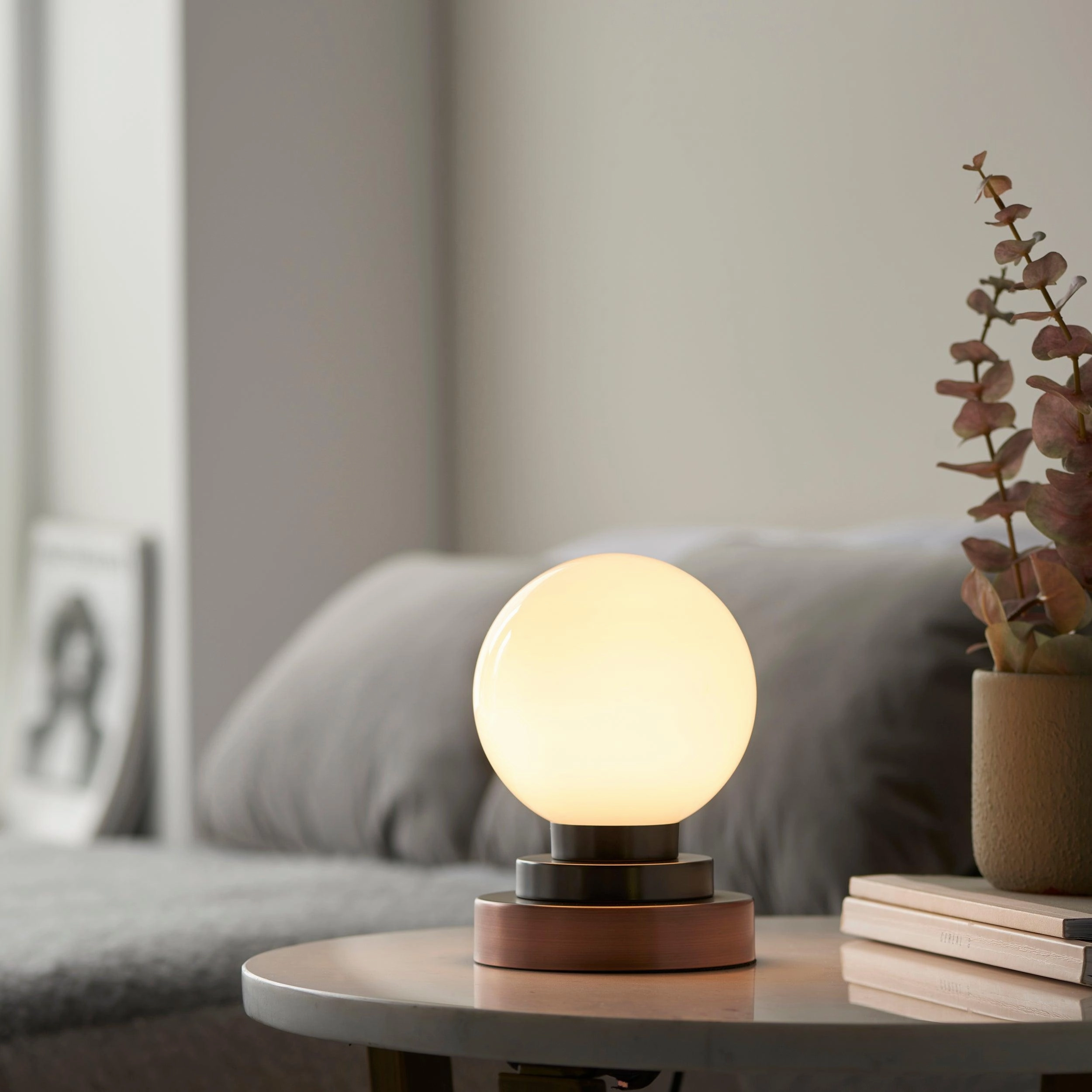 Globe Copper Art Deco Touch Table Lamp - Opal Glass Shade