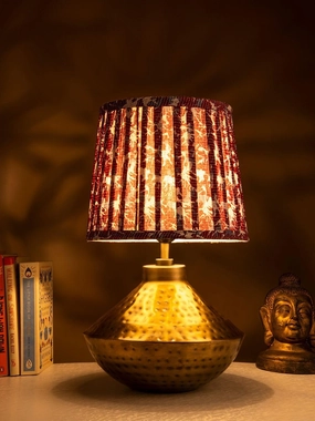 Golden Hammered Urn Lamp with Pleeted Multicolor Maroon Shade decorative ceiling fixture