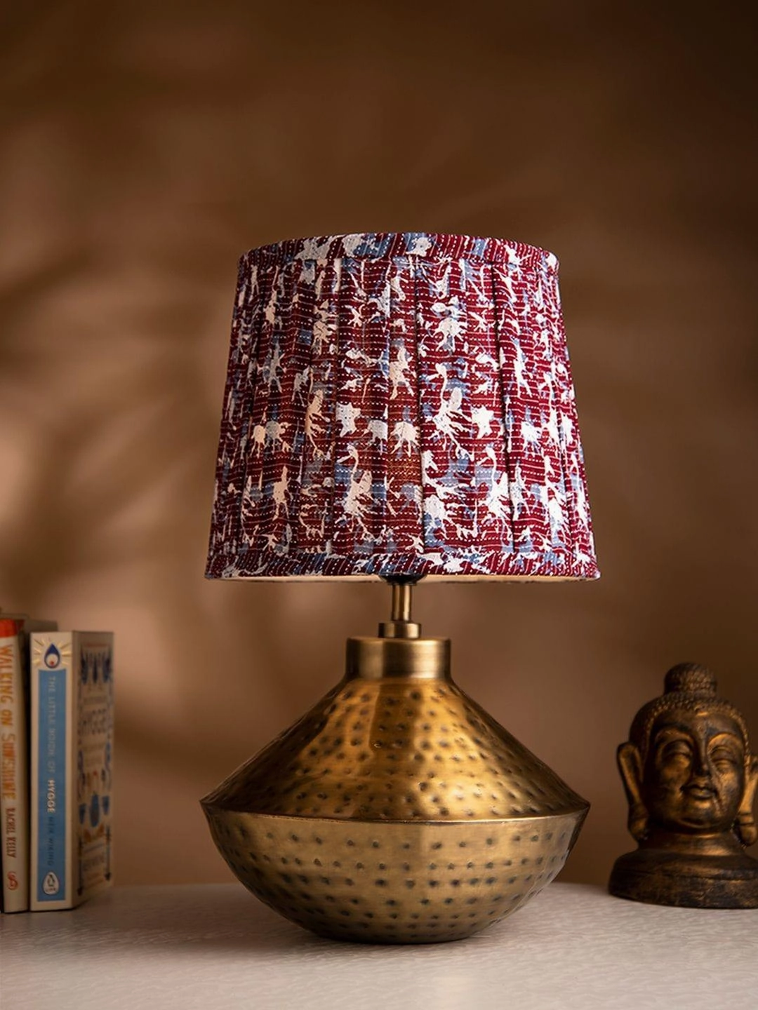Golden Hammered Urn Lamp with Pleeted Multicolor Maroon Shade