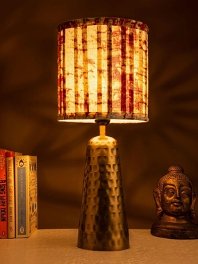 Golden Hammered V-Shaped Lamp with Pleeted Muticolor Maroon Shade decorative ceiling fixture