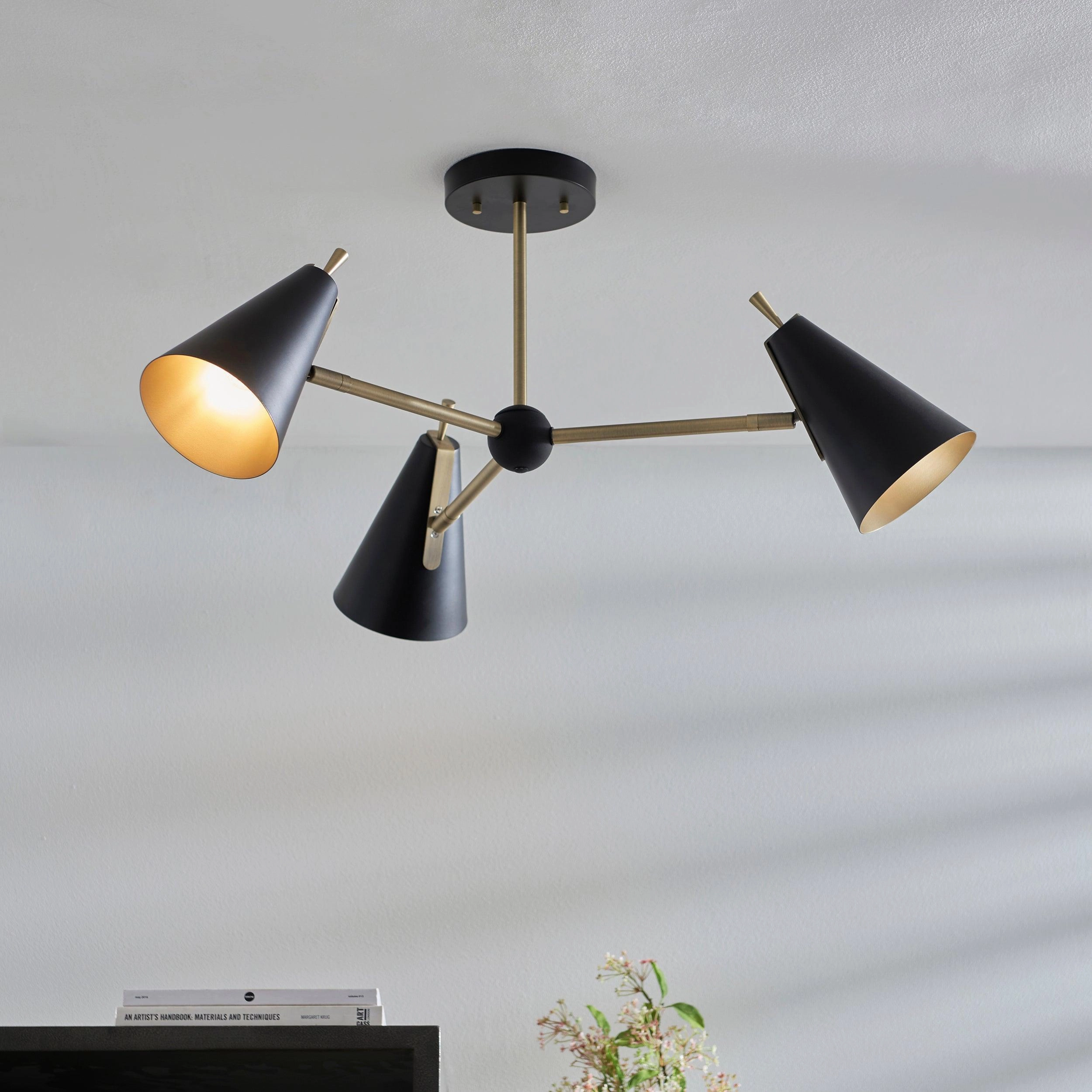 Harlesden Black & Gold 3 Light Modern Ceiling Semi Flush