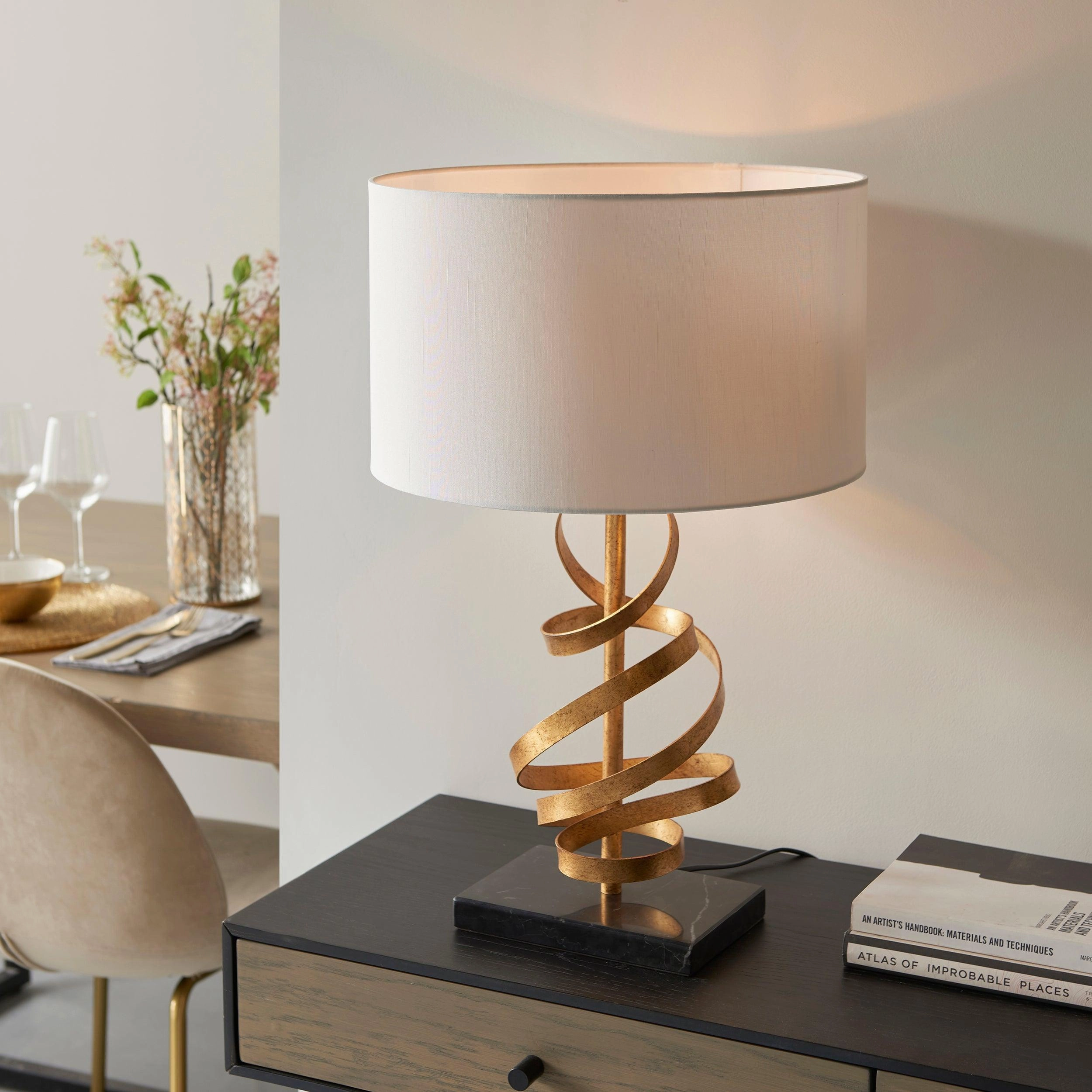 Harleston Gold & Black Marble Table Lamp - Ivory Shade
