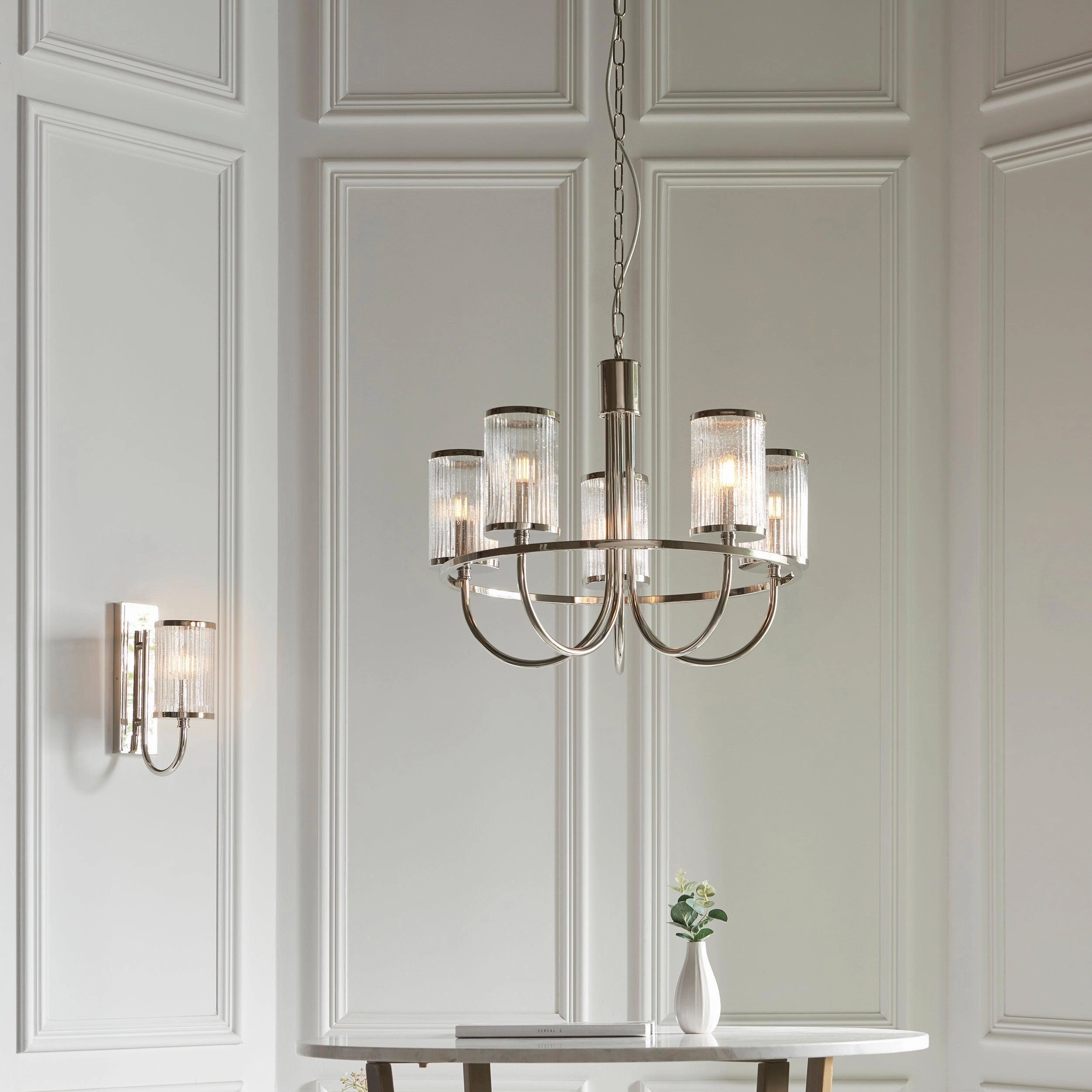 Henbury 5 Light Nickel & Ribbed Glass Shades Pendant