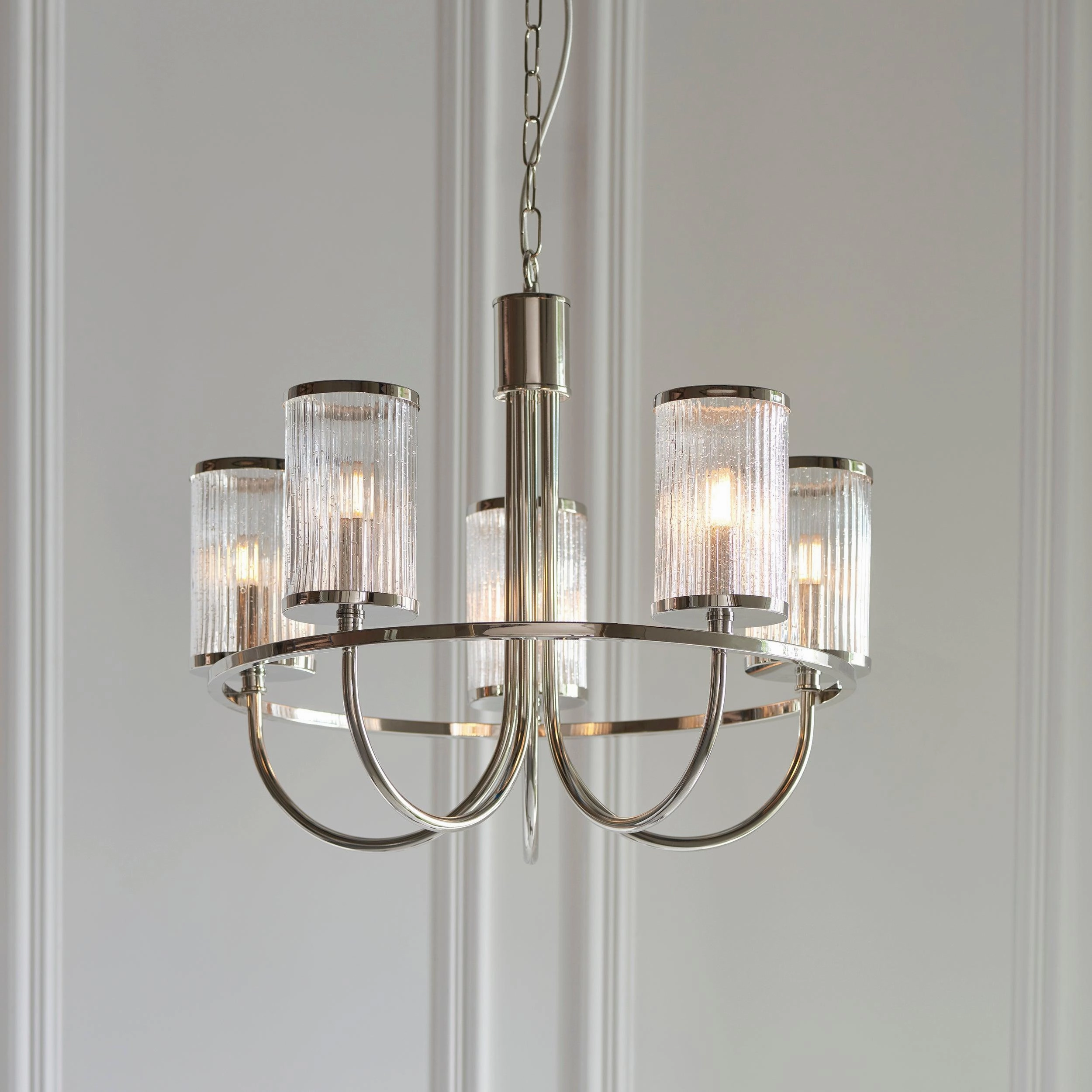 Henbury 5 Light Nickel & Ribbed Glass Shades Pendant
