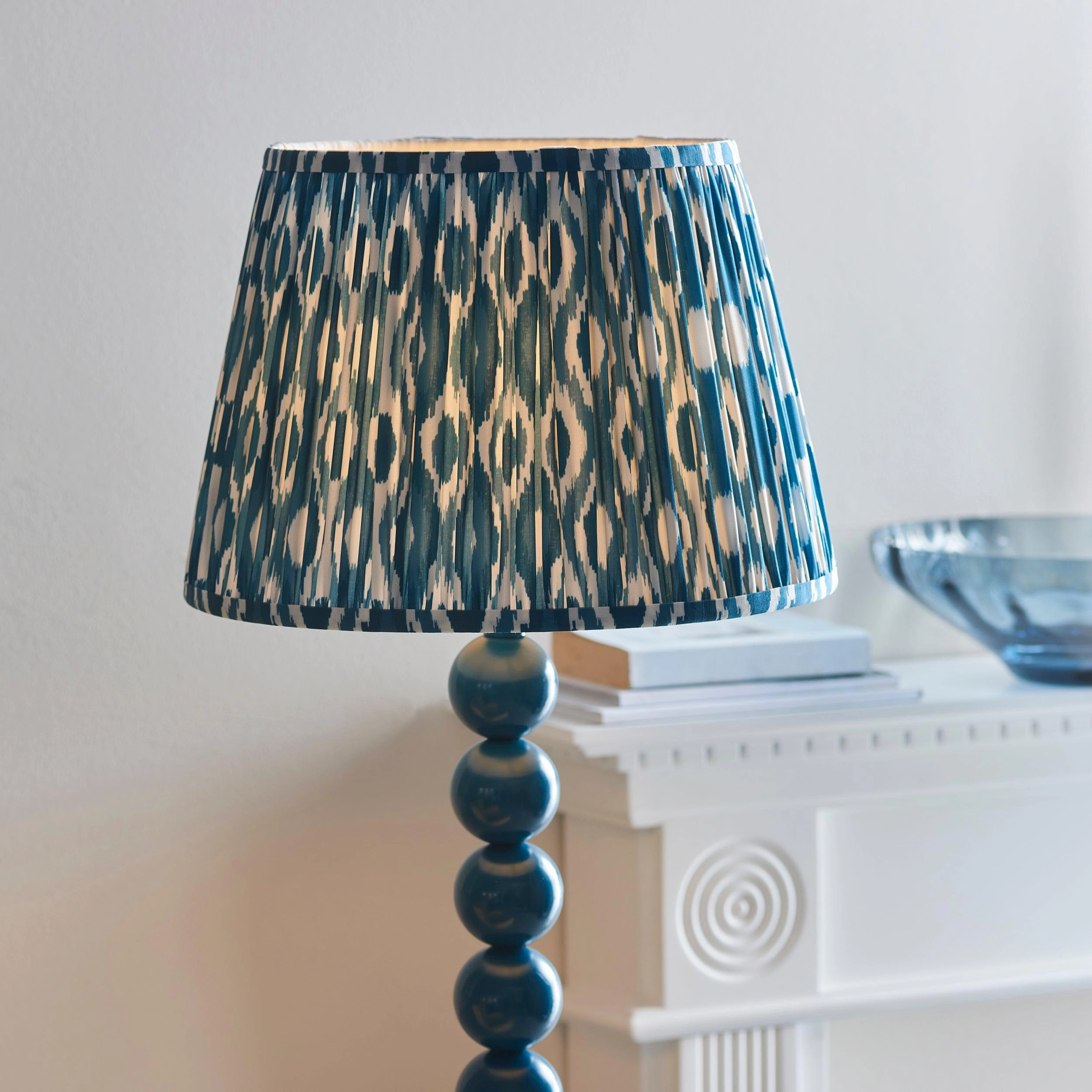 Higgledy Almond White Floor Lamp & Ikat 35cm Marlin Blue Shade