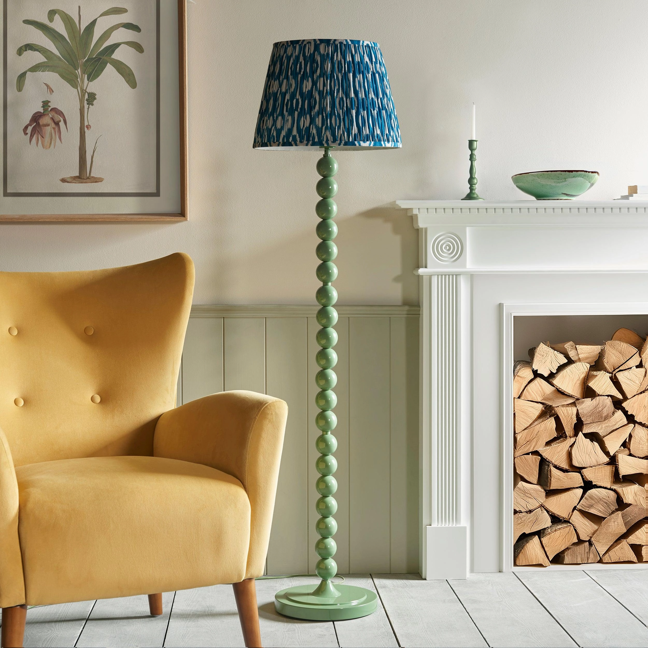 Higgledy Green Floor Lamp & Ikat 40cm Marlin Blue Shade