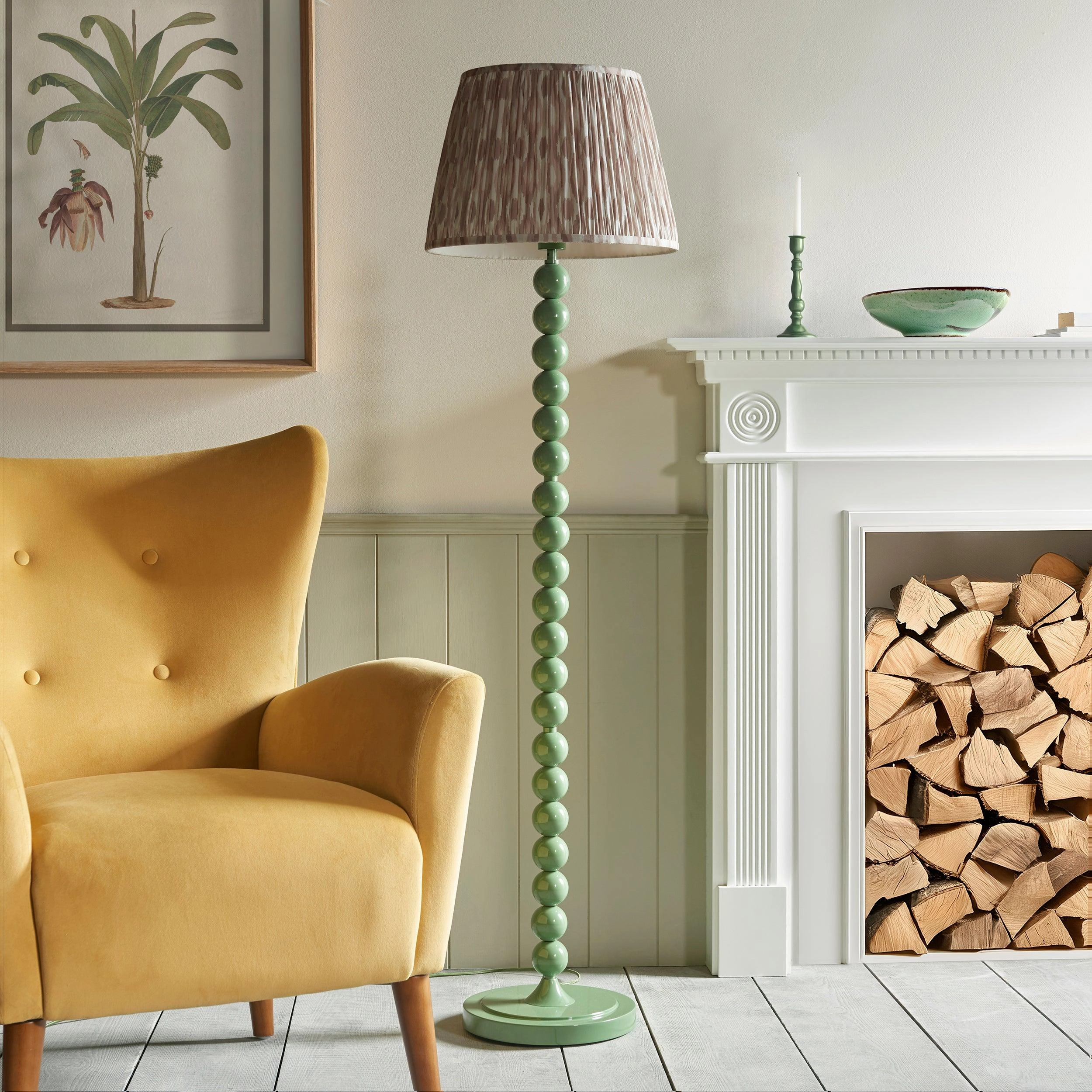 Higgledy Green Floor Lamp & Ikat 40cm Neutral Shade