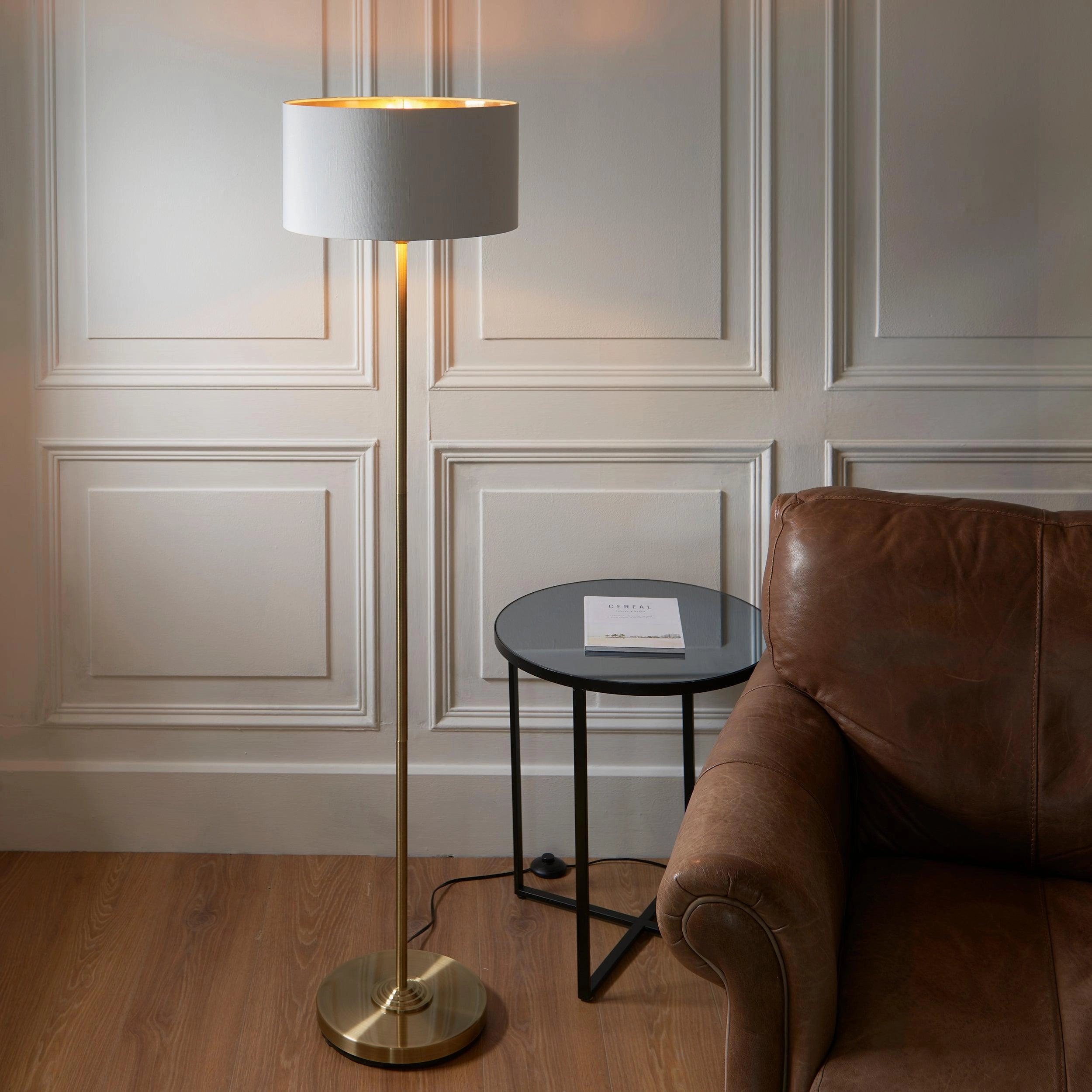 Highclere Antique Brass 1 Light Floor Lamp White Shade