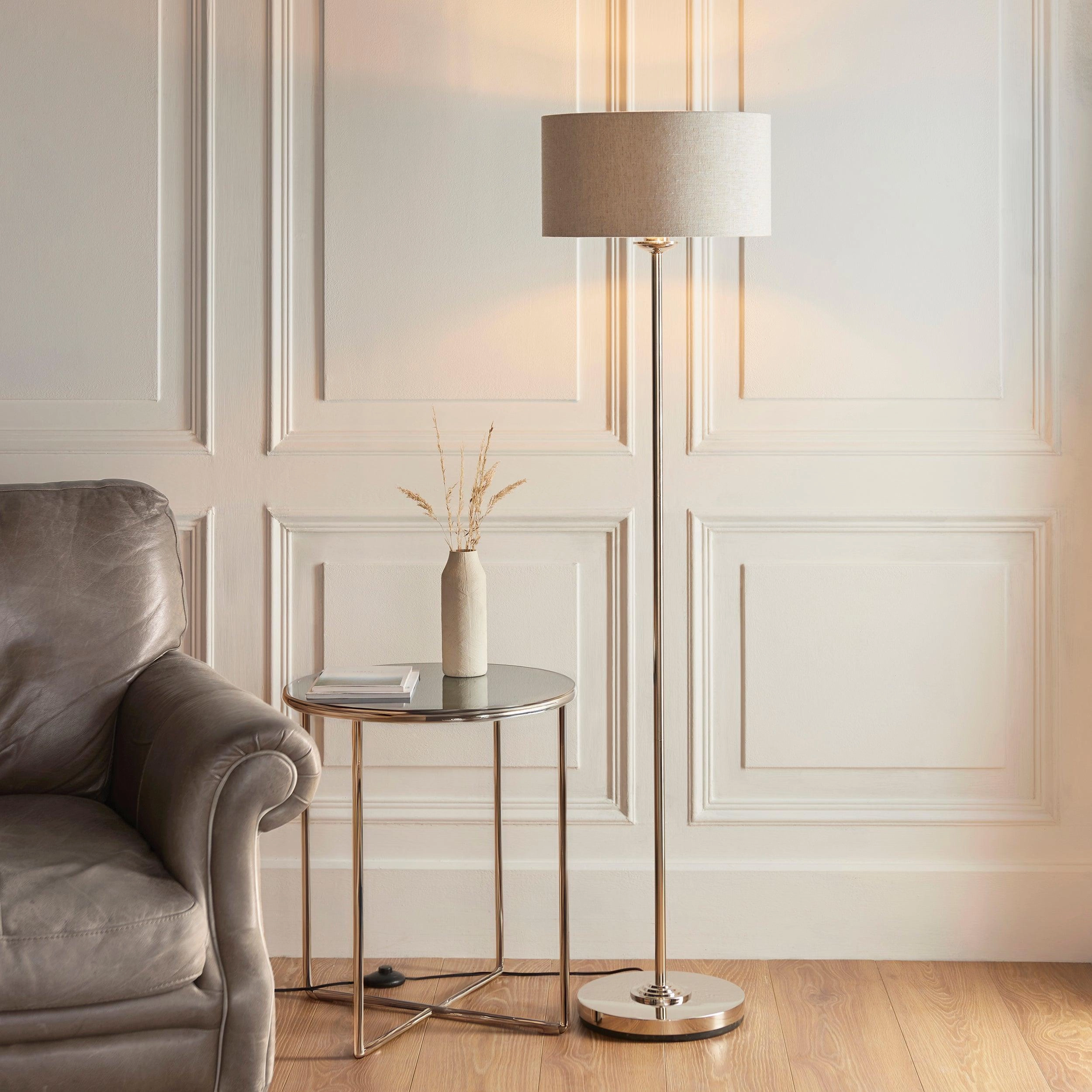 Highclere Brushed Chrome 1 Light Floor Lamp Natural Linen Shade creative lampshade design